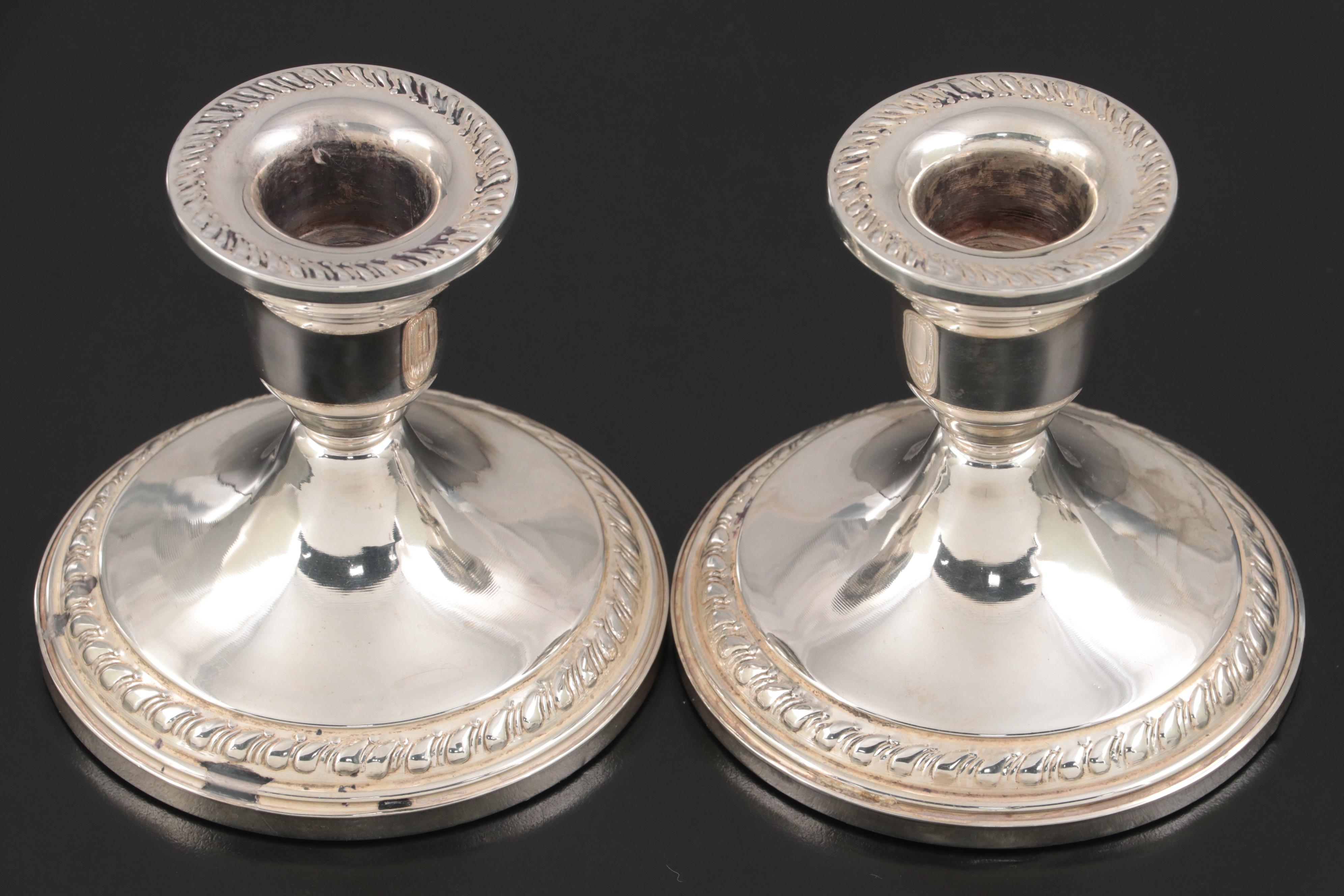 Weighted Sterling Empire Candelabra Pair with Columbia Candle Holders