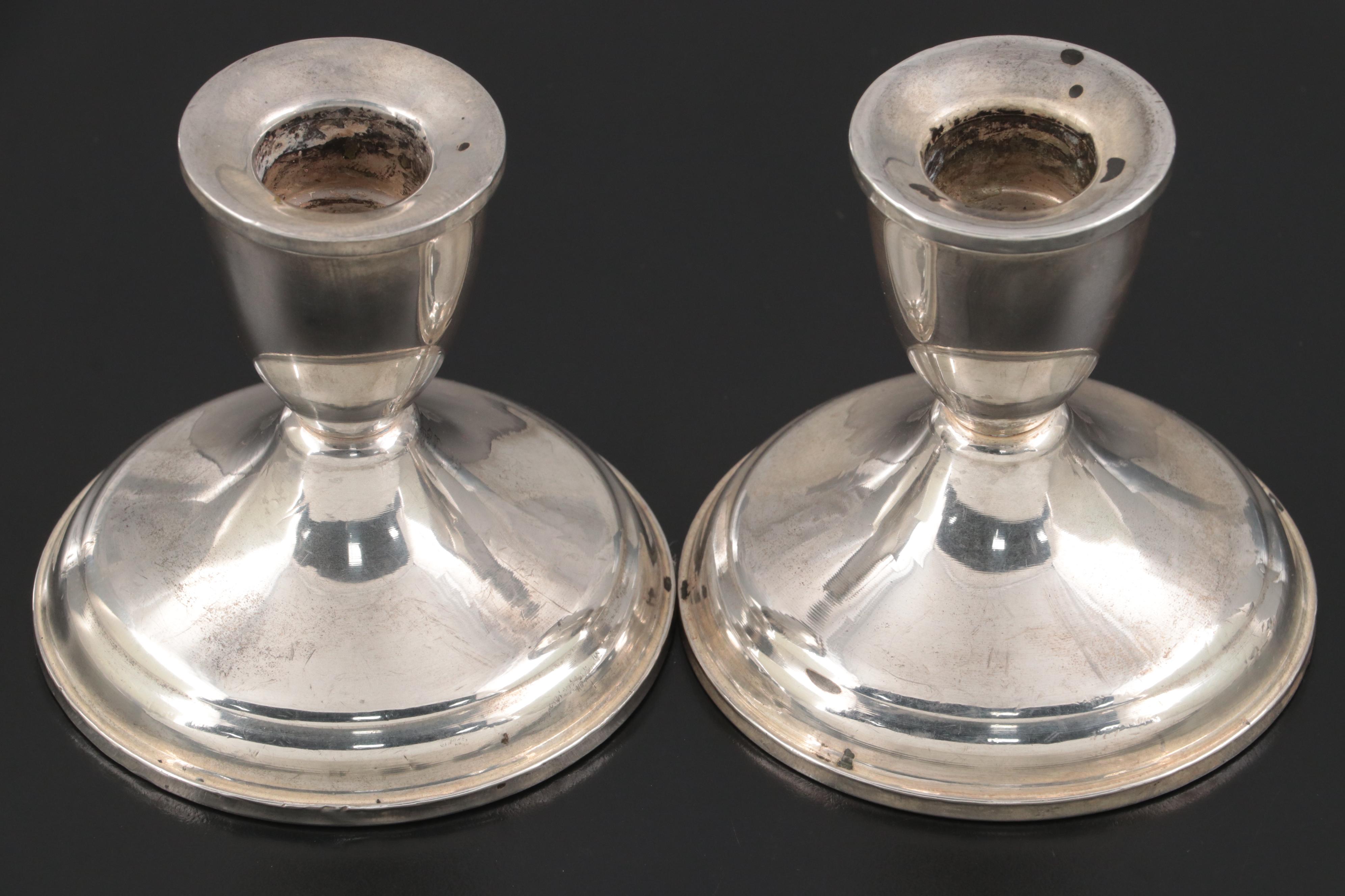 Weighted Sterling Empire Candelabra Pair with Columbia Candle Holders