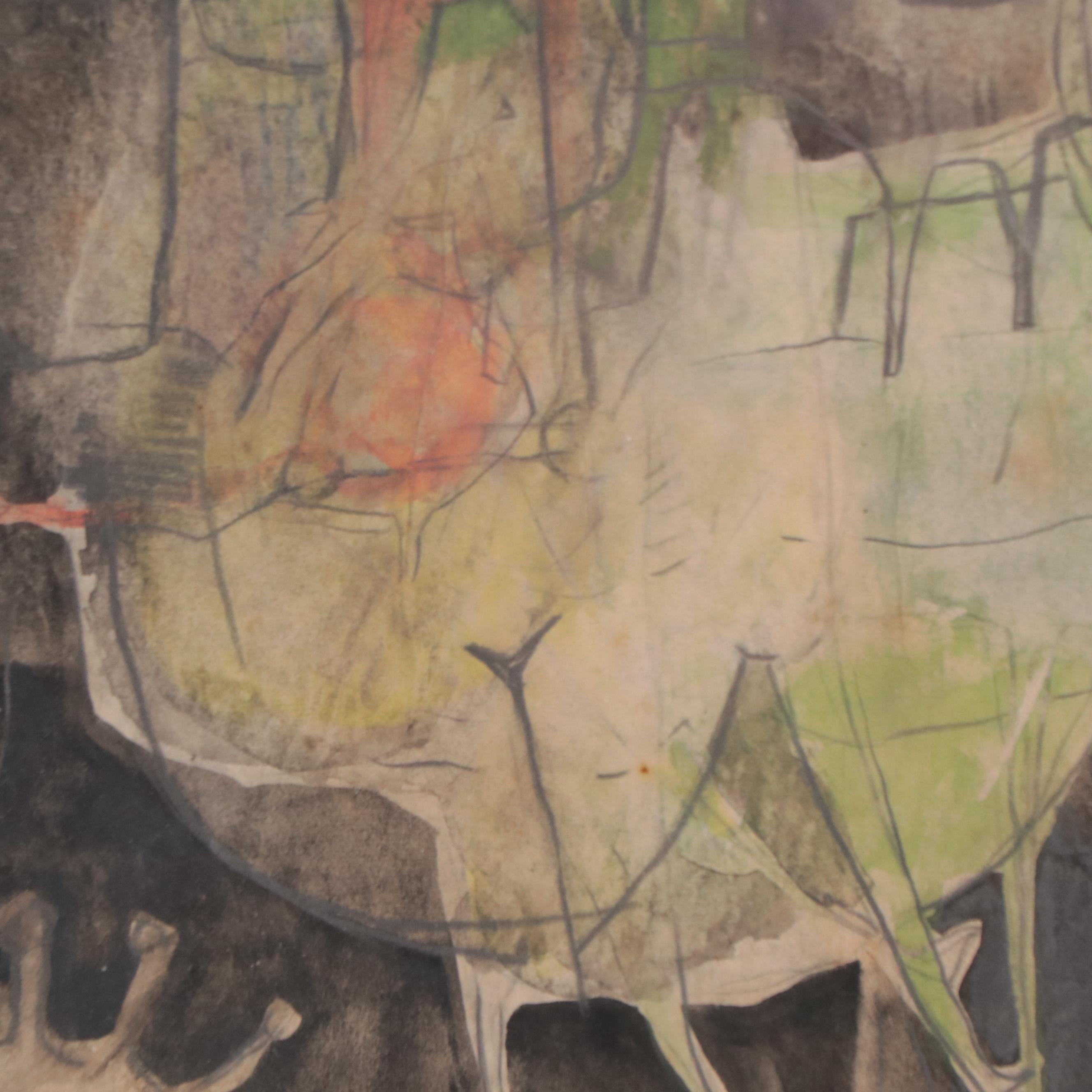 Walter Sorge Abstract Modernist Graphite and Watercolor Painting