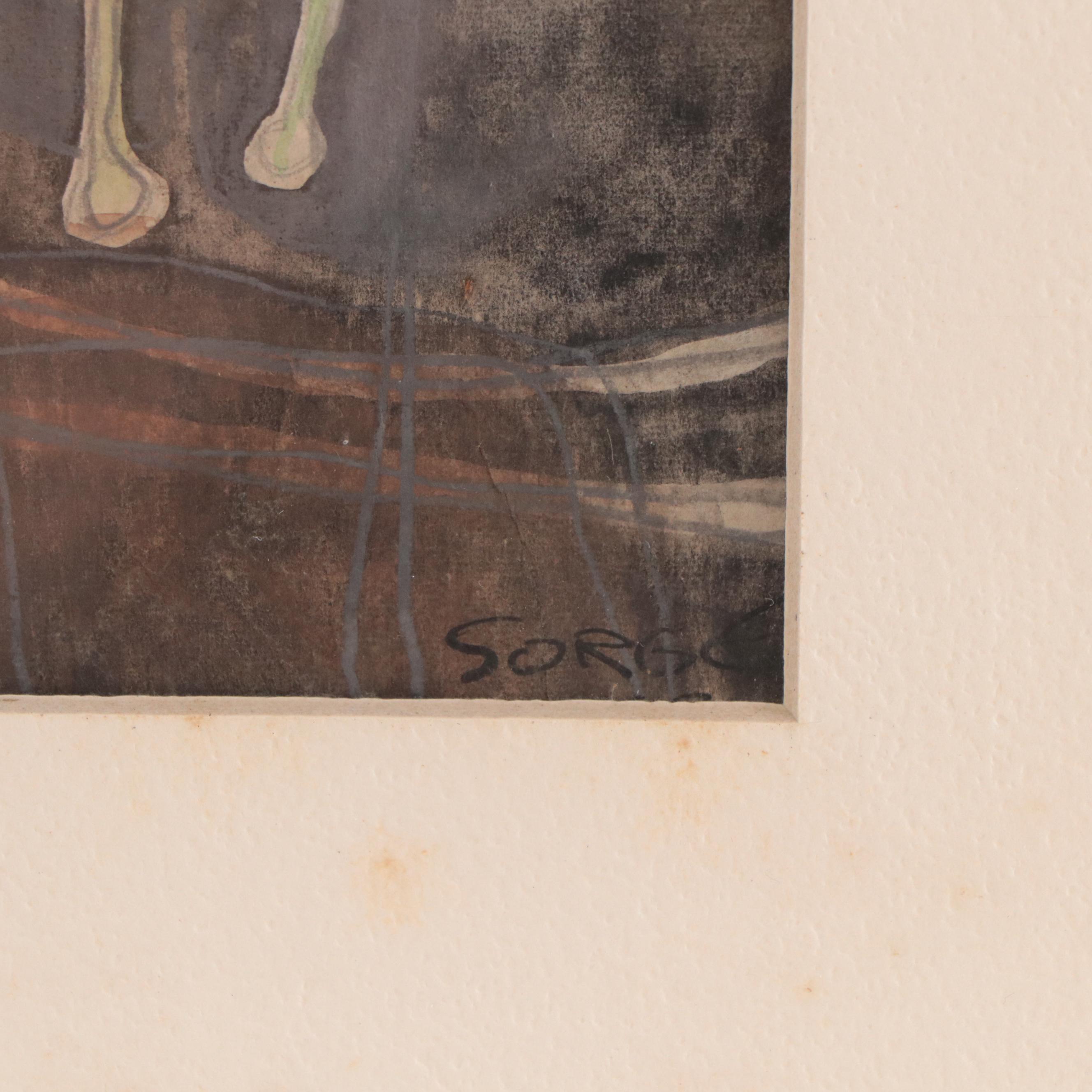 Walter Sorge Abstract Modernist Graphite and Watercolor Painting