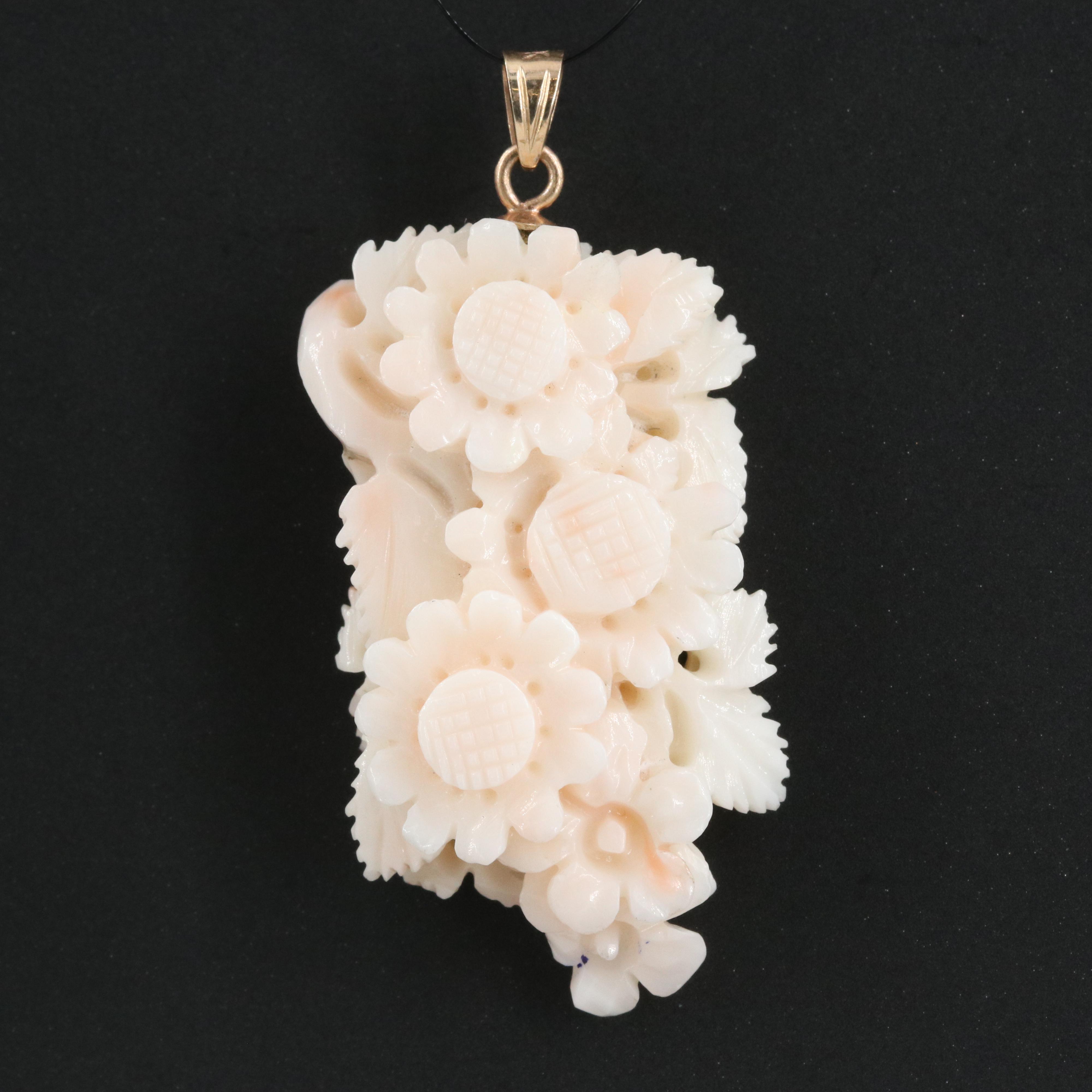 14K Carved Coral Floral Pendant