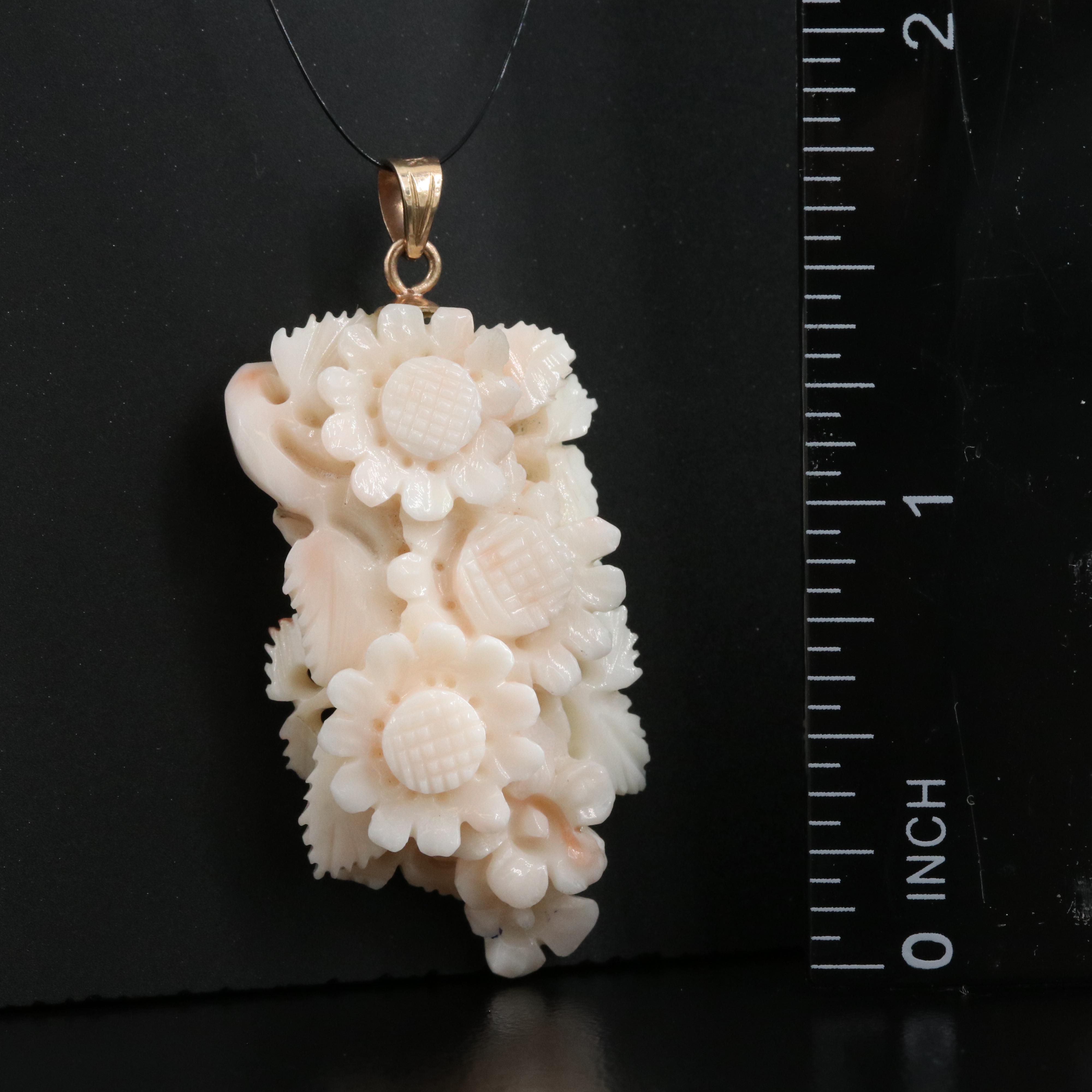 14K Carved Coral Floral Pendant