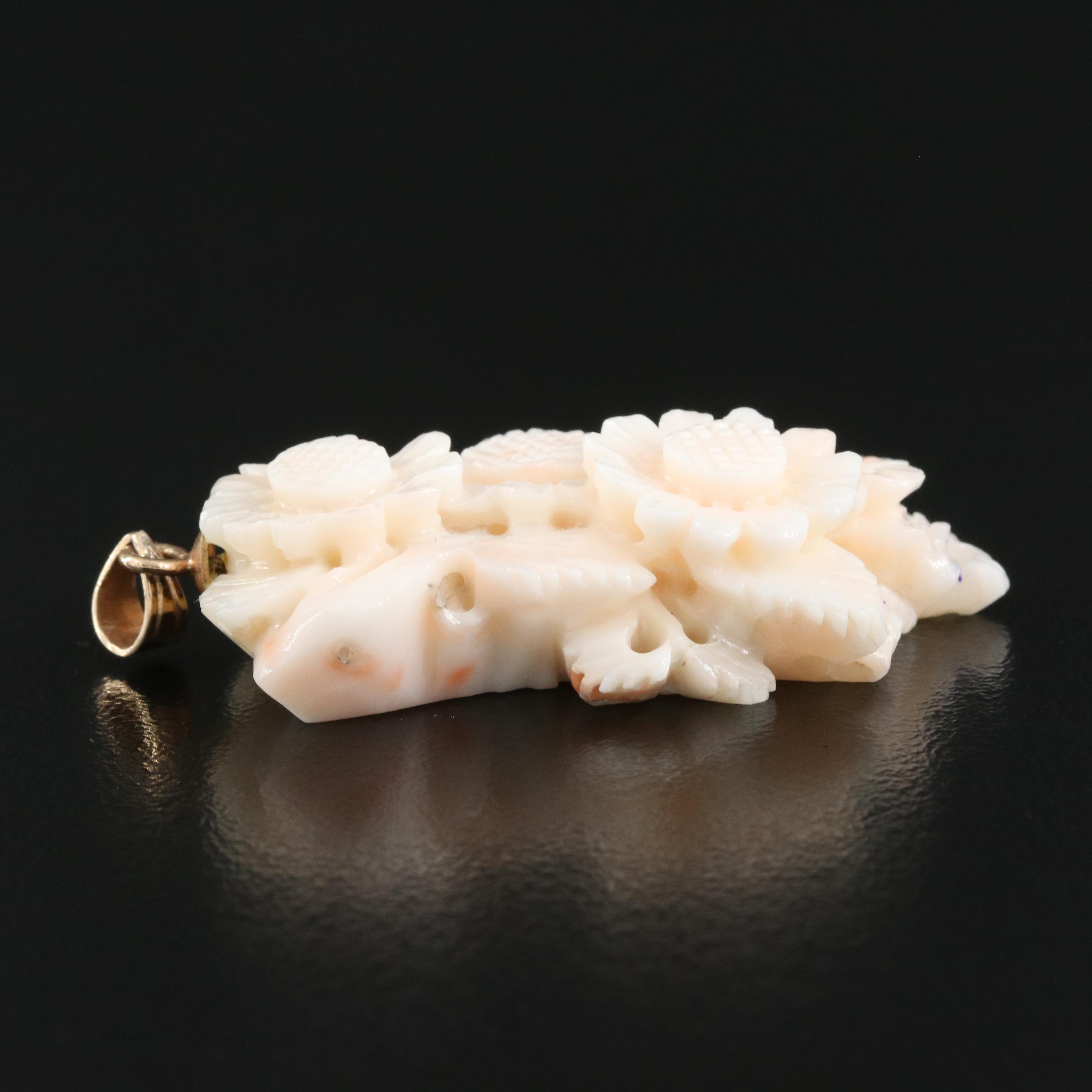 14K Carved Coral Floral Pendant