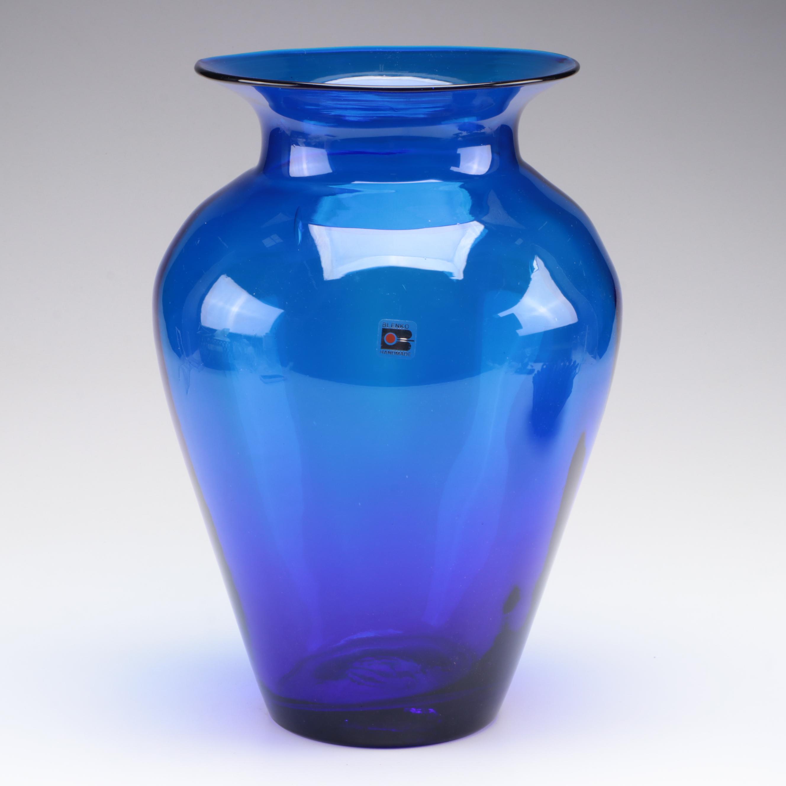 Blenko Cobalt Blue Glass Vase and Scalloped Centerpiece Bowl