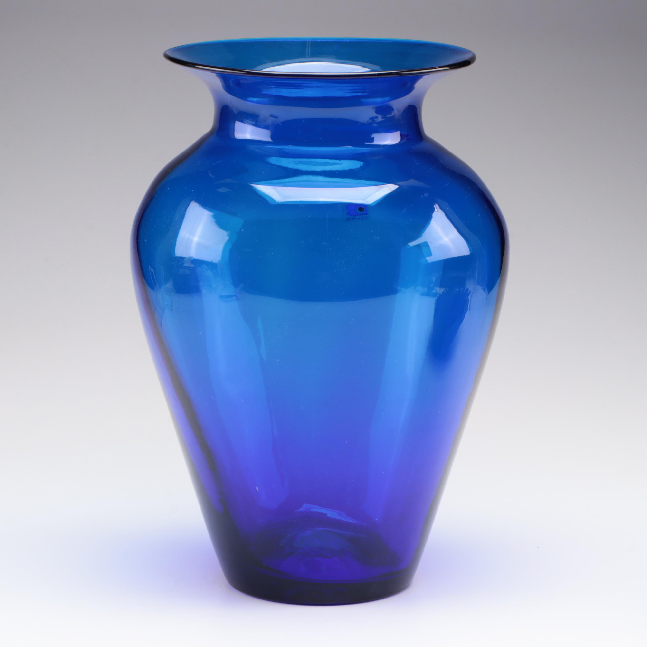 Blenko Cobalt Blue Glass Vase and Scalloped Centerpiece Bowl