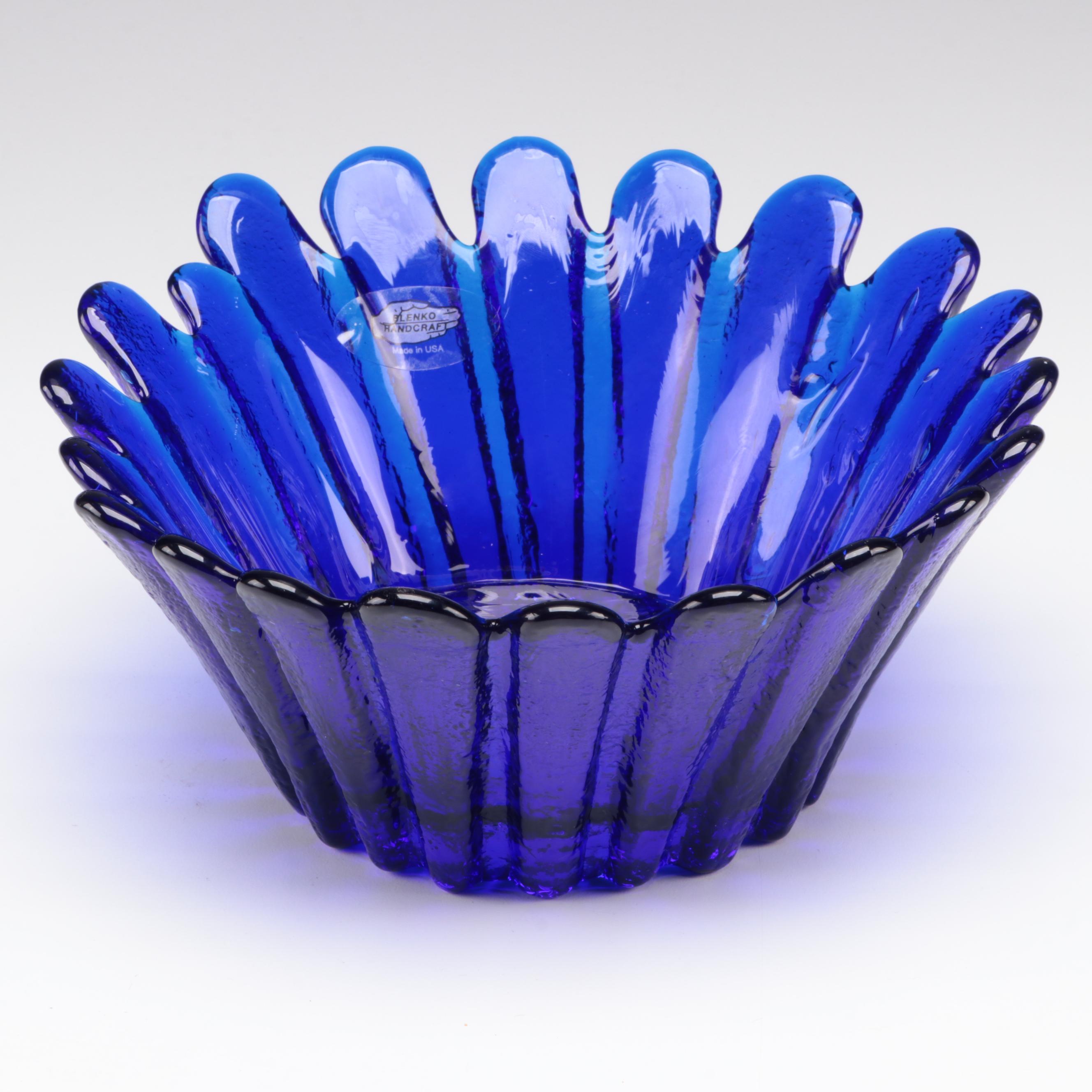Blenko Cobalt Blue Glass Vase and Scalloped Centerpiece Bowl