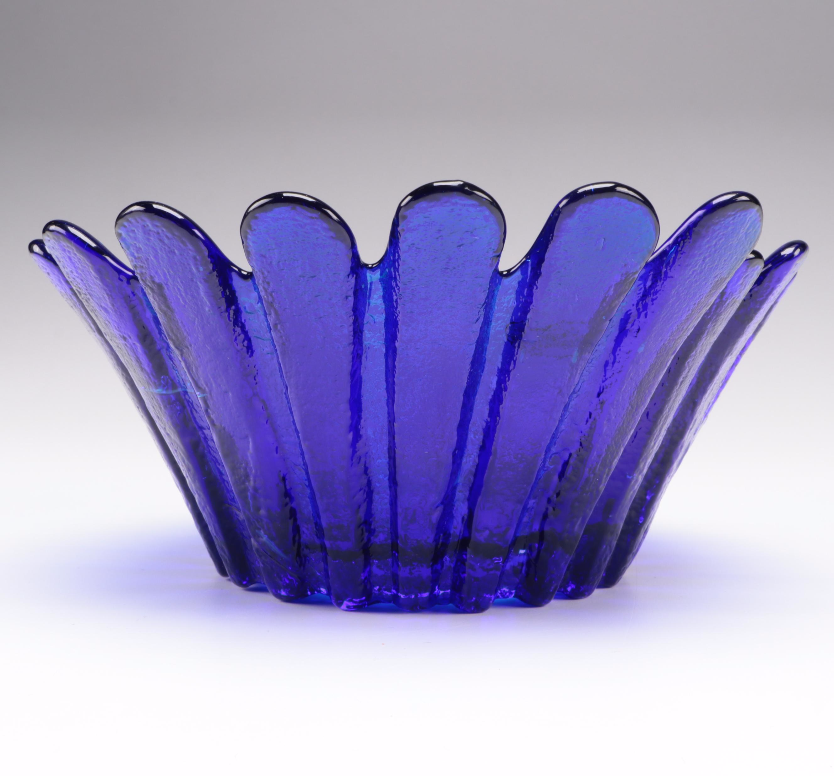 Blenko Cobalt Blue Glass Vase and Scalloped Centerpiece Bowl