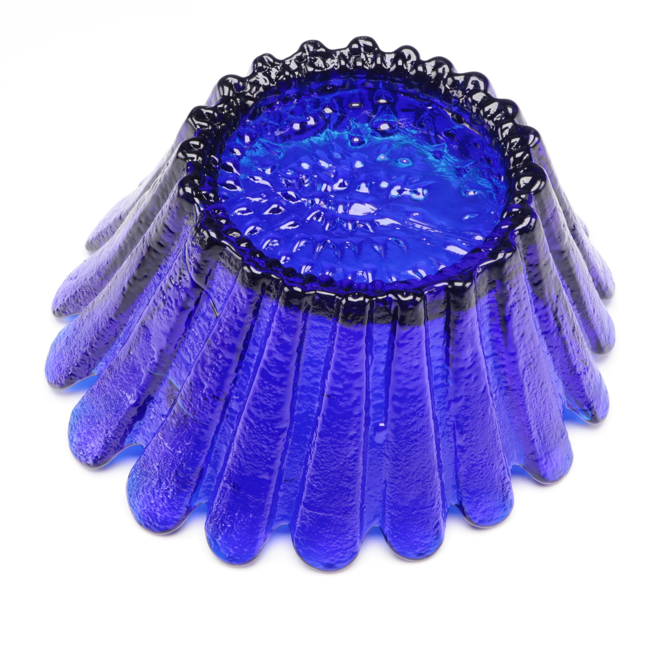 Blenko Cobalt Blue Glass Vase and Scalloped Centerpiece Bowl