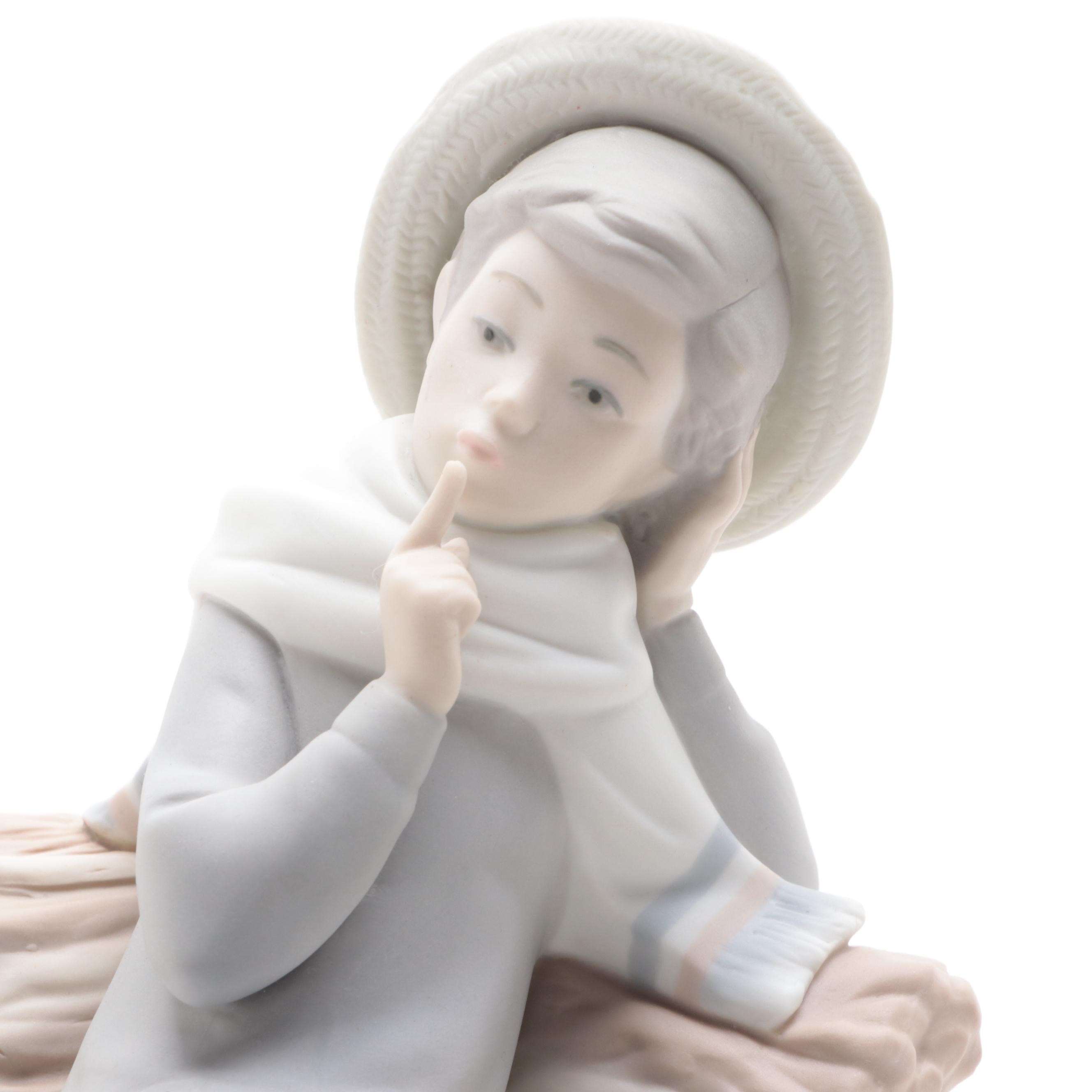 Lladró "Picking Flowers" and "Shepherd with Bird" Bisque Porcelain Figurines