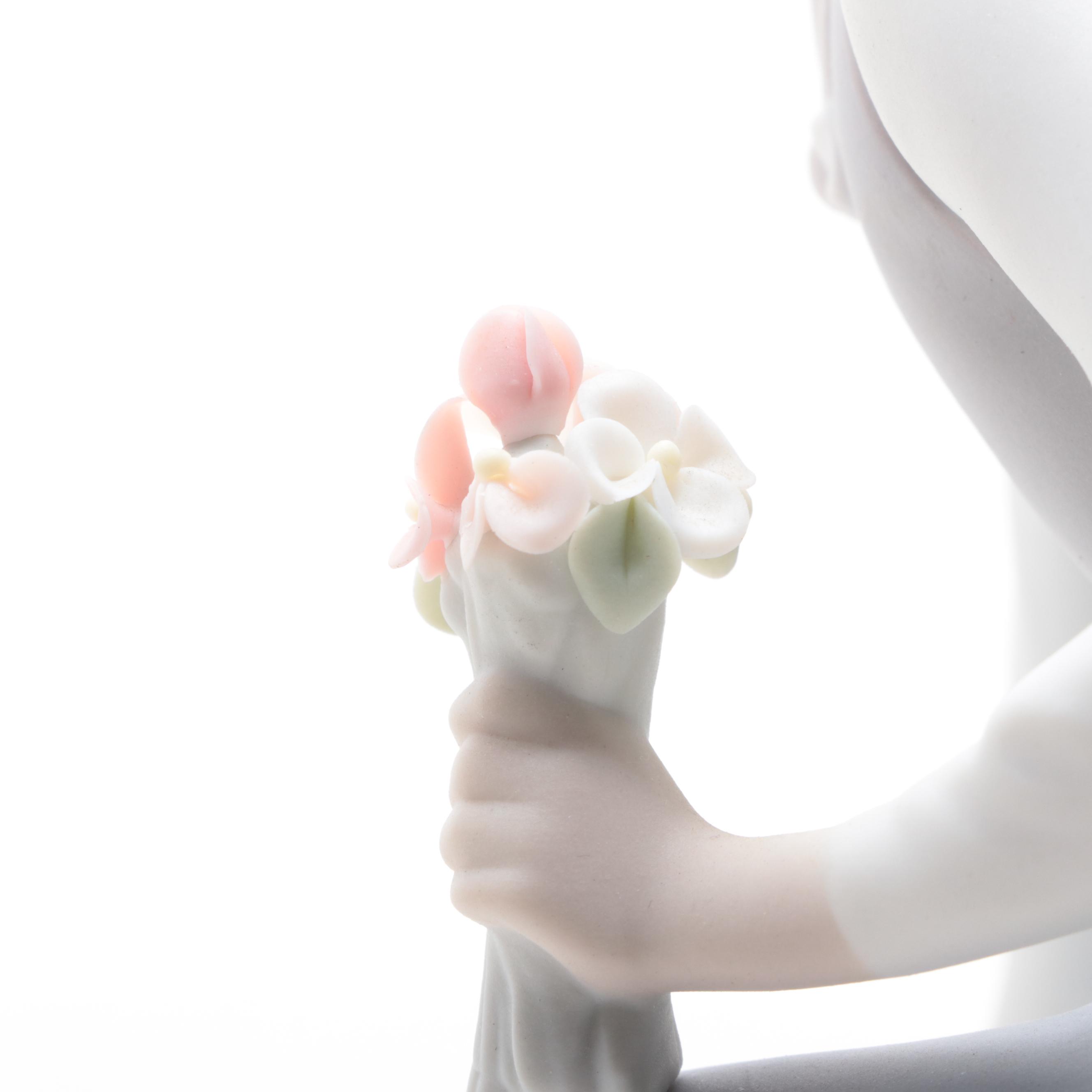 Lladró "Picking Flowers" and "Shepherd with Bird" Bisque Porcelain Figurines