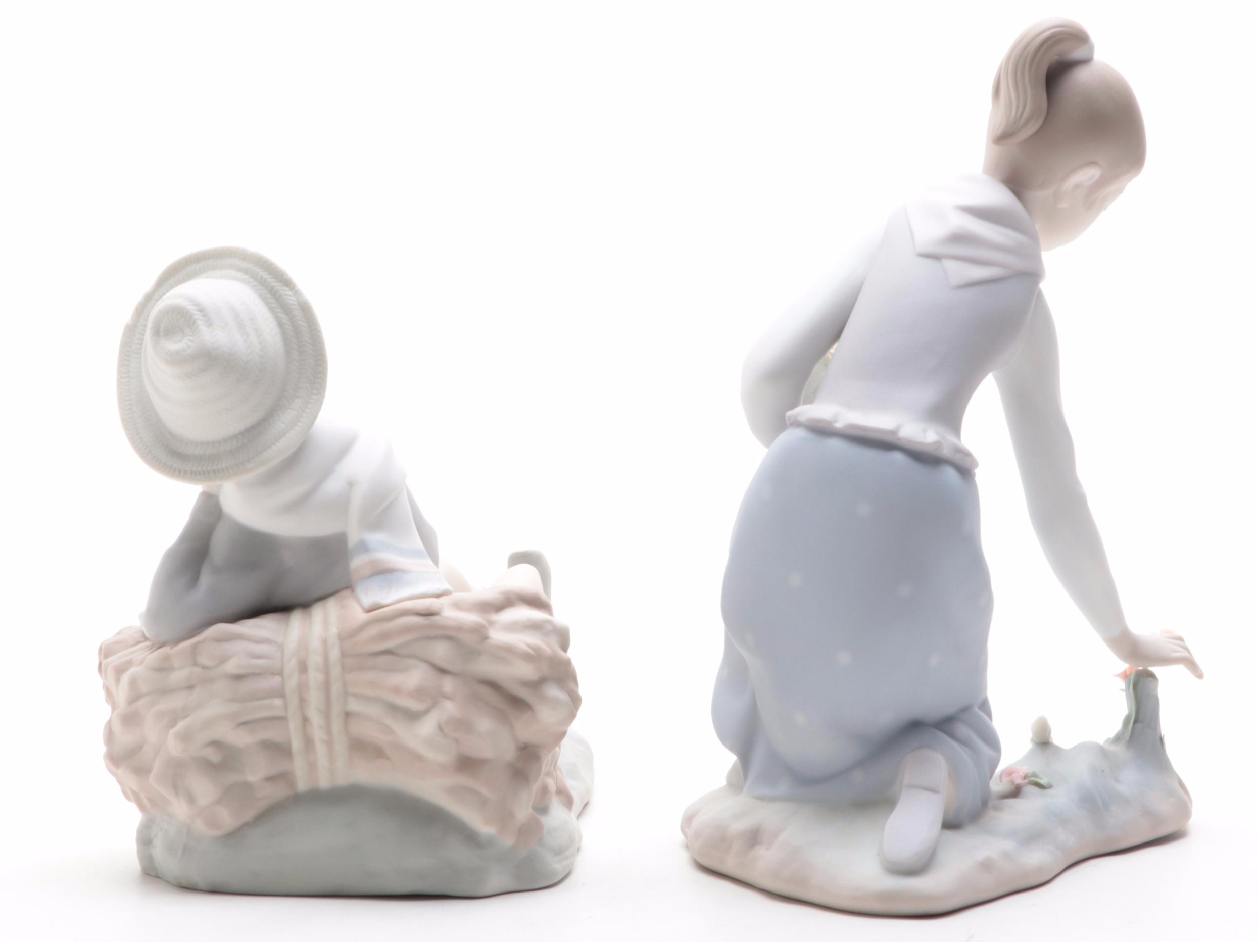 Lladró "Picking Flowers" and "Shepherd with Bird" Bisque Porcelain Figurines
