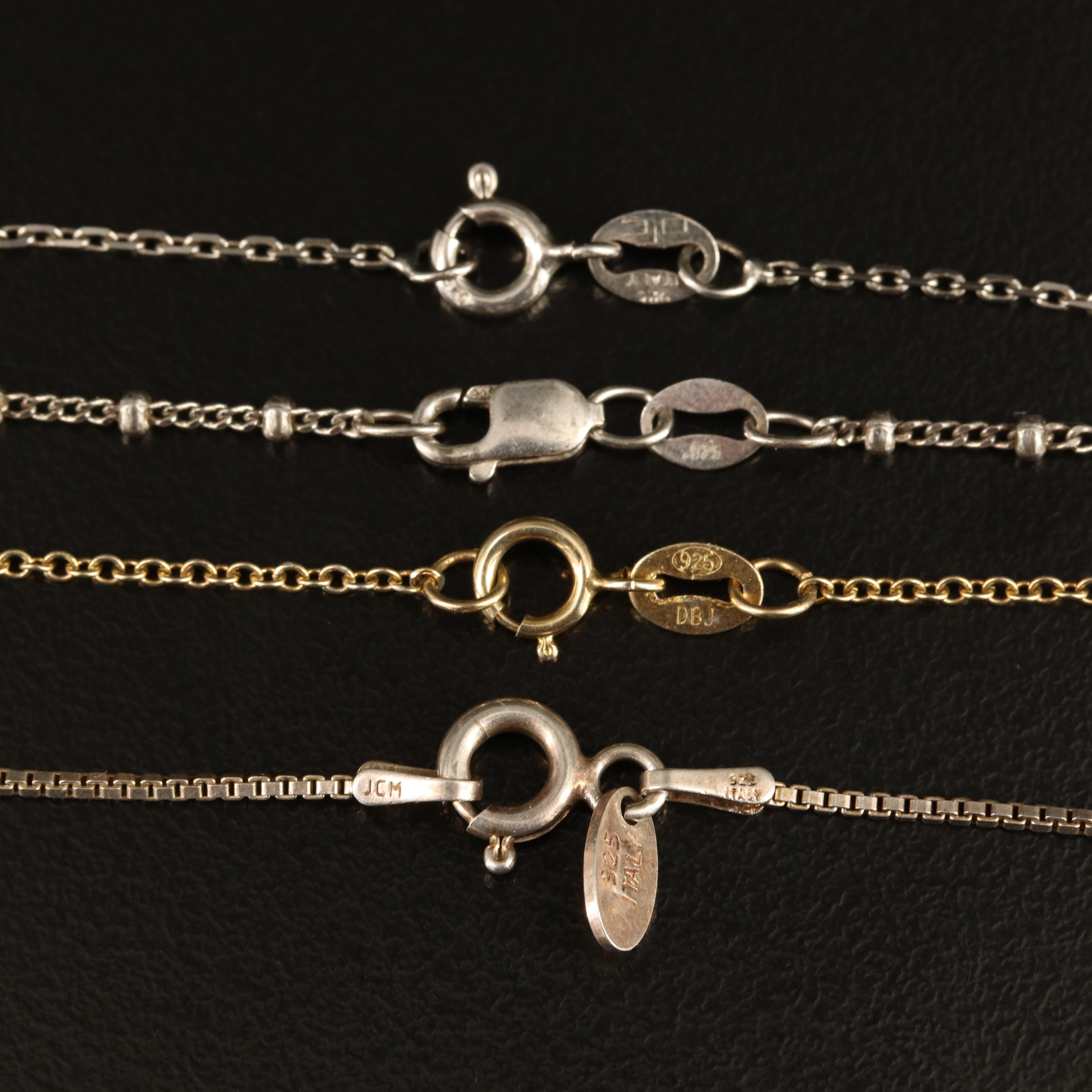 Sterling Box, Cable and Curb Station Chain Necklaces