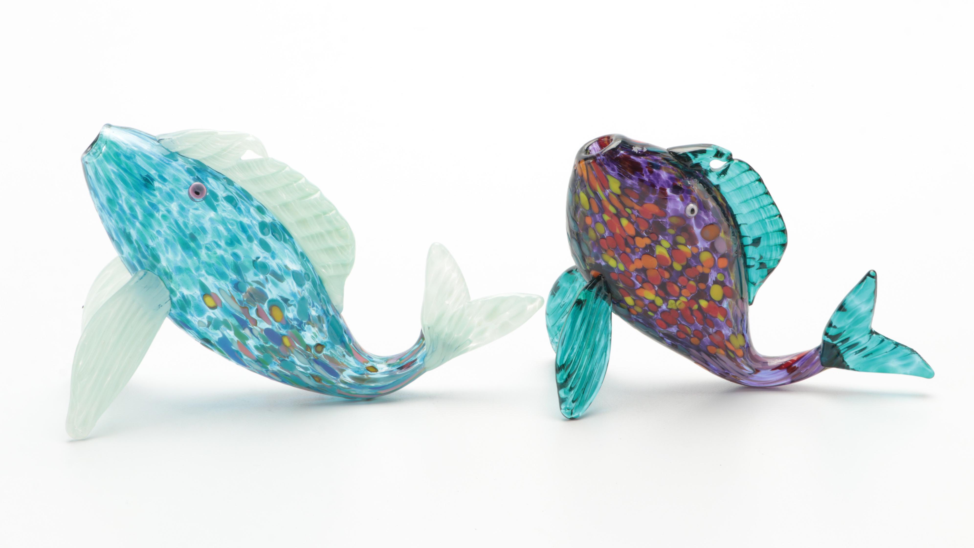 A Qvincum Porcelain Hippo and Other Art Glass Fish Figurines, Mid-Late 20th C.