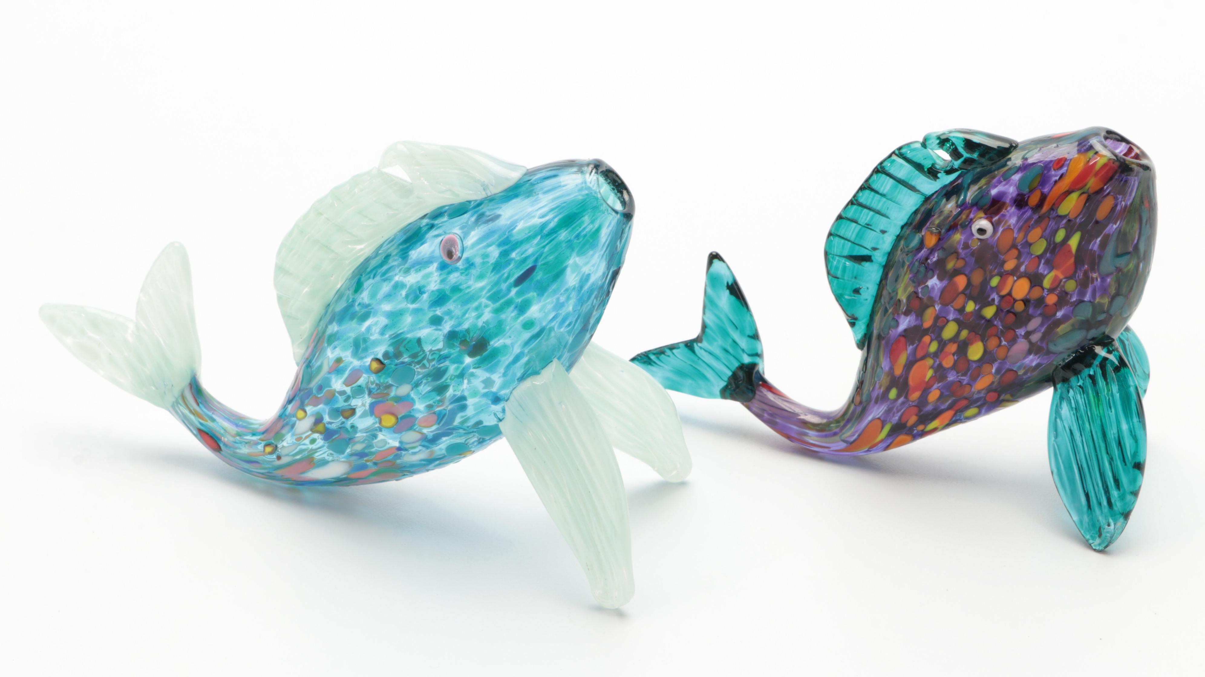 A Qvincum Porcelain Hippo and Other Art Glass Fish Figurines, Mid-Late 20th C.