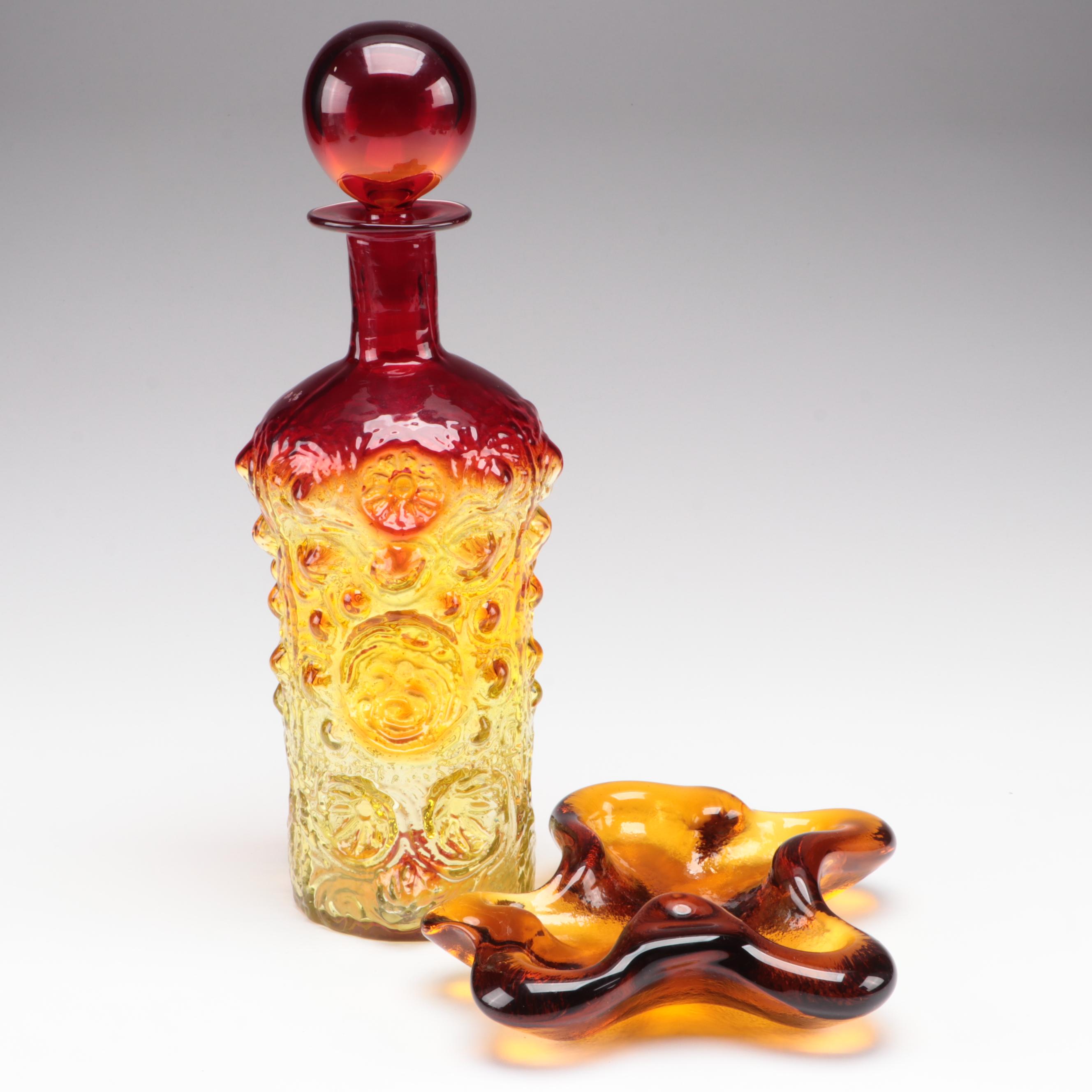 Blenko Handcrafted Ombré Glass Decanter with Amber Glass Ashtray