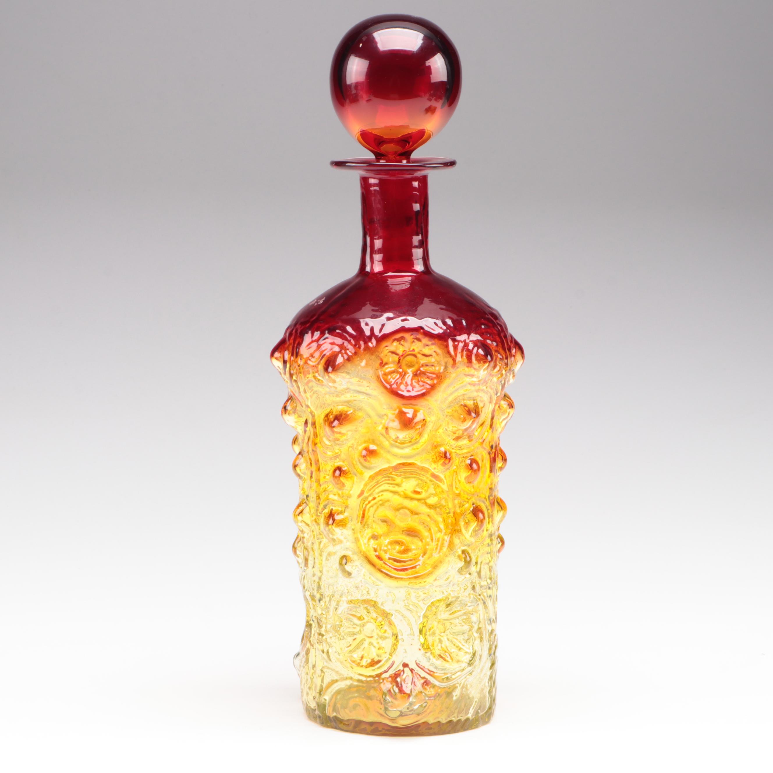 Blenko Handcrafted Ombré Glass Decanter with Amber Glass Ashtray
