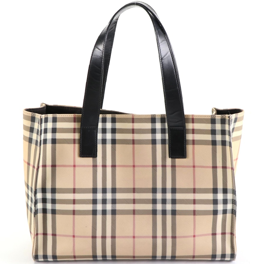 Burberry Tote Bag in Nova Check Coated Canvas and Black Leather Trim