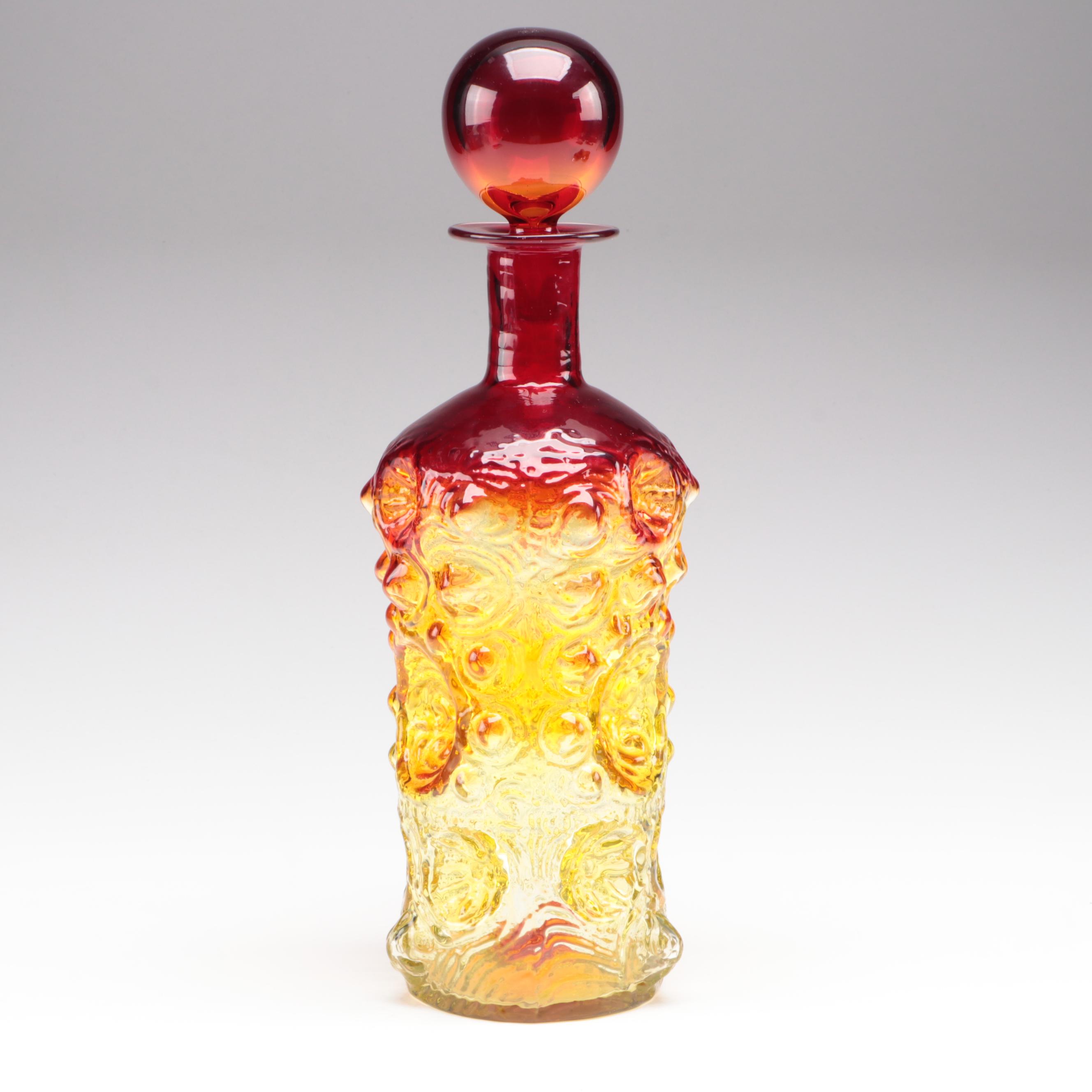 Blenko Handcrafted Ombré Glass Decanter with Amber Glass Ashtray