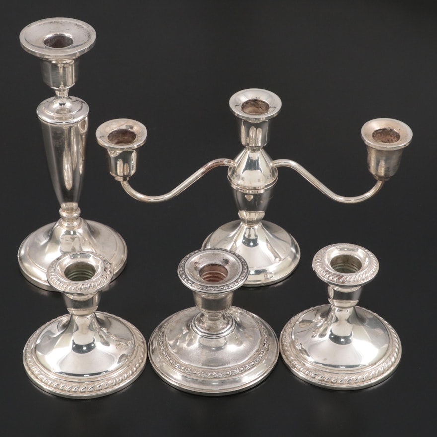 Alvin Gadroon Rim Weighted Sterling Candlestick Pair and Other Candlesticks