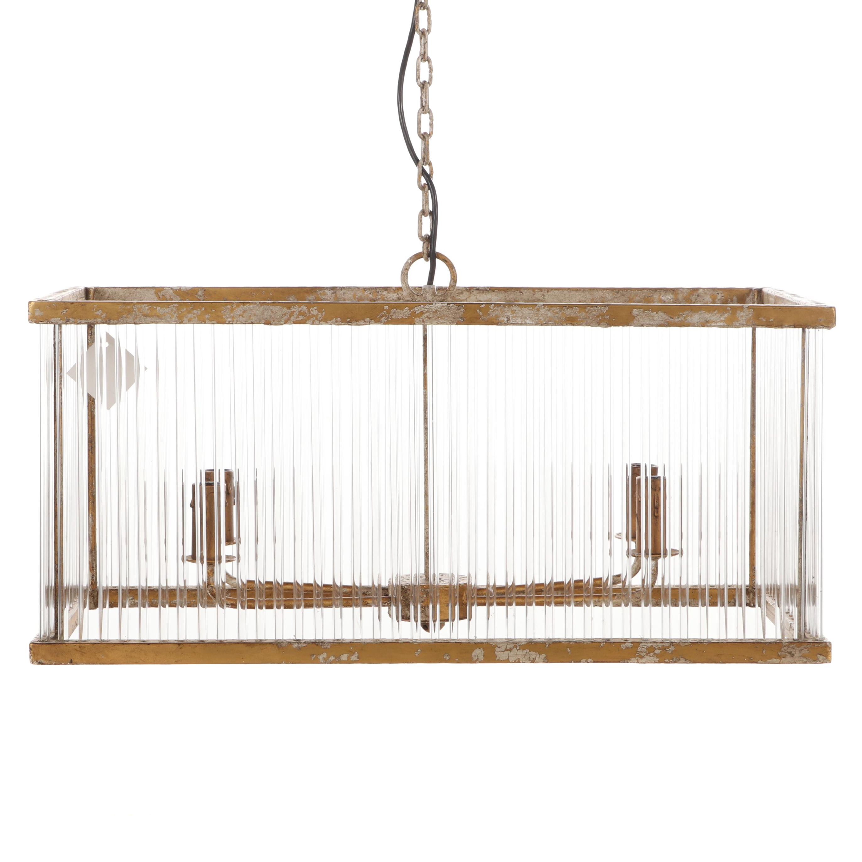 Distressed Gilt Metal and Pressed Glass Linear Chandelier