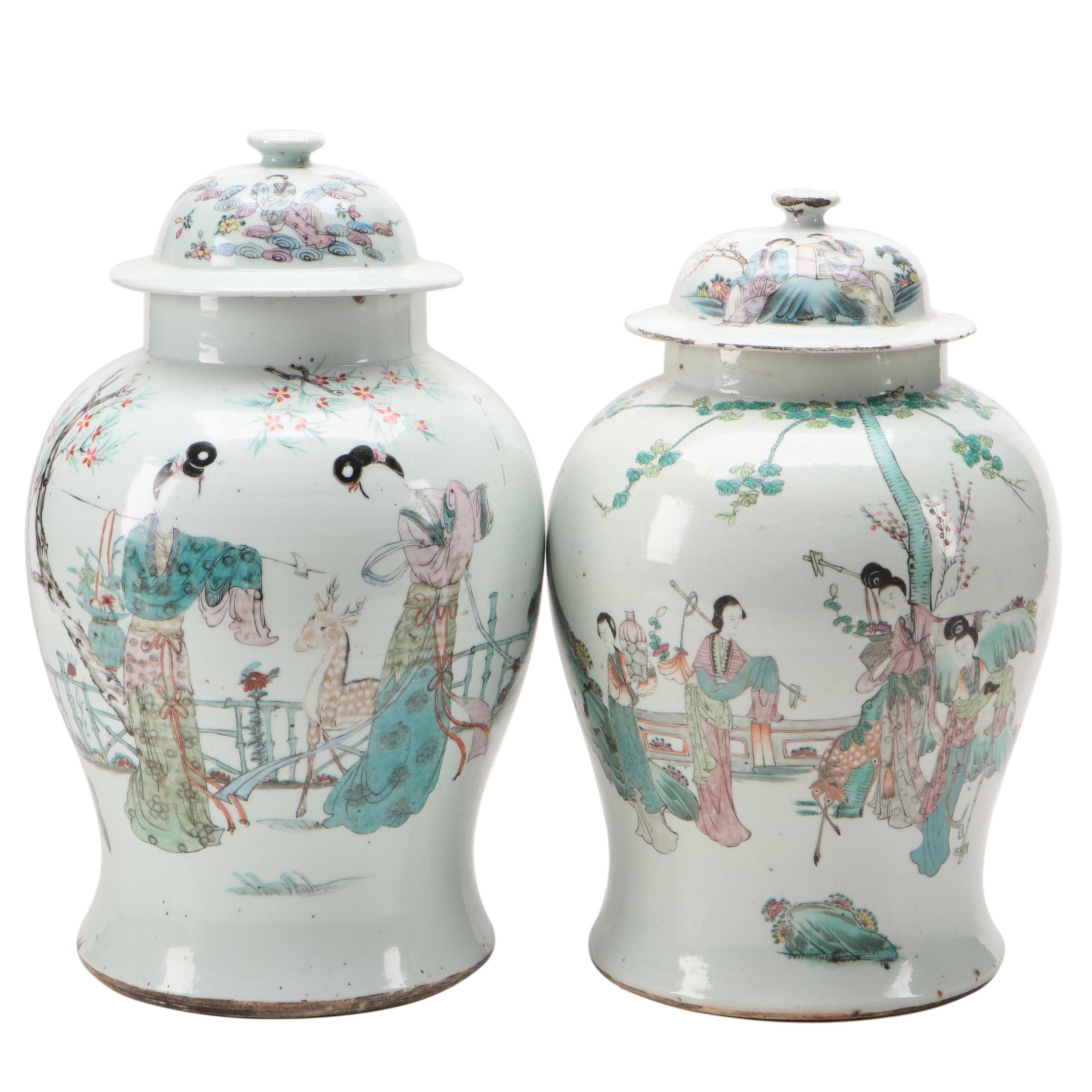 Chinese Hand-Painted Hànzì and Garden Scene Porcelain Temple Jars