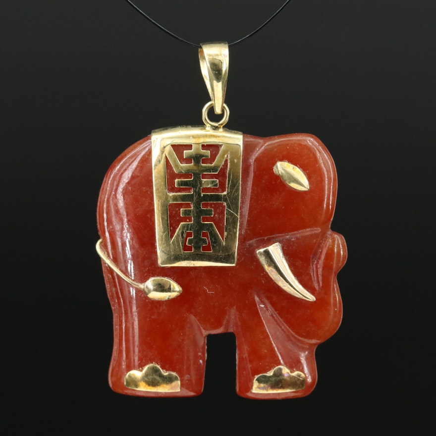 Chinese 14K Jadeite Longevity Elephant Pendant
