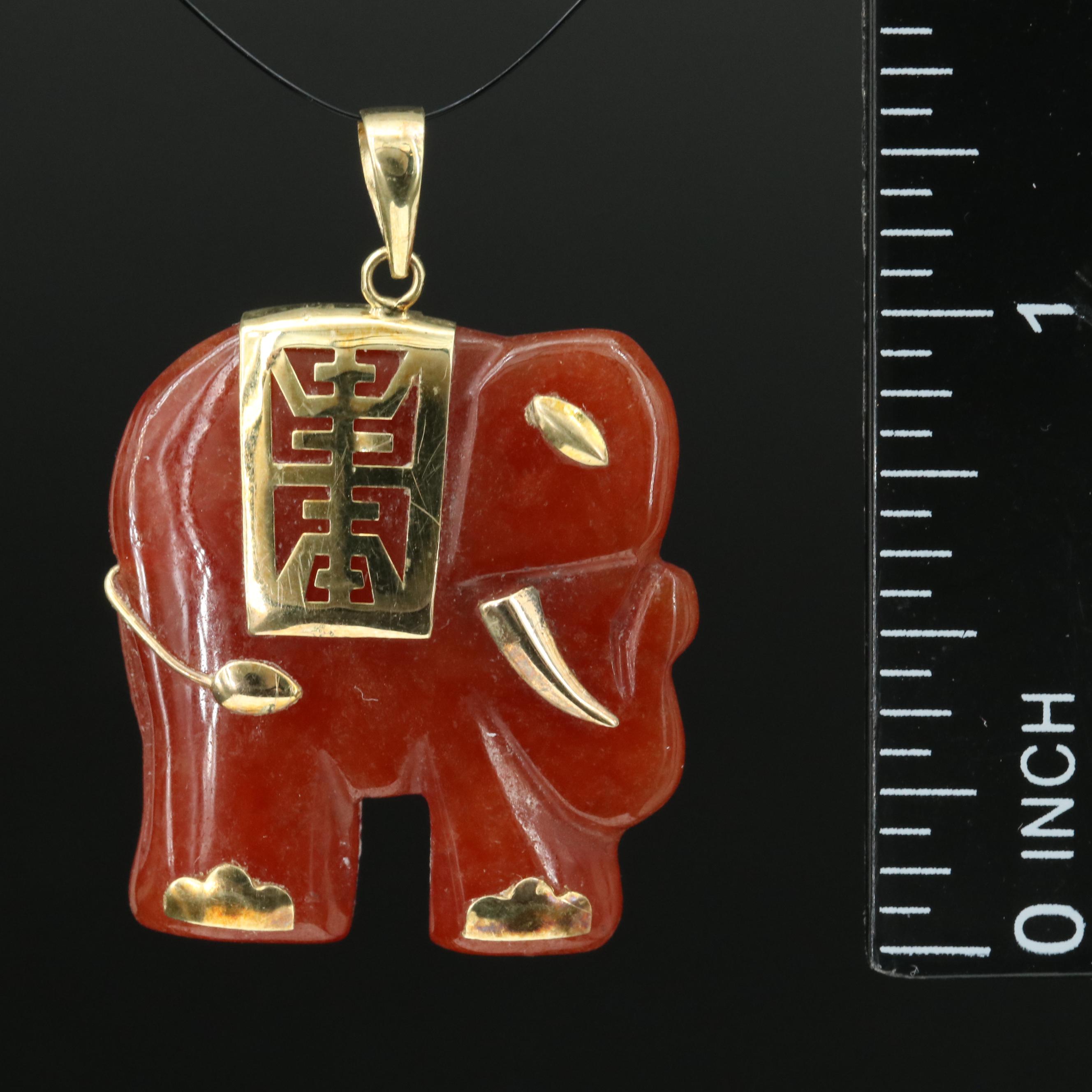 Chinese 14K Jadeite Longevity Elephant Pendant
