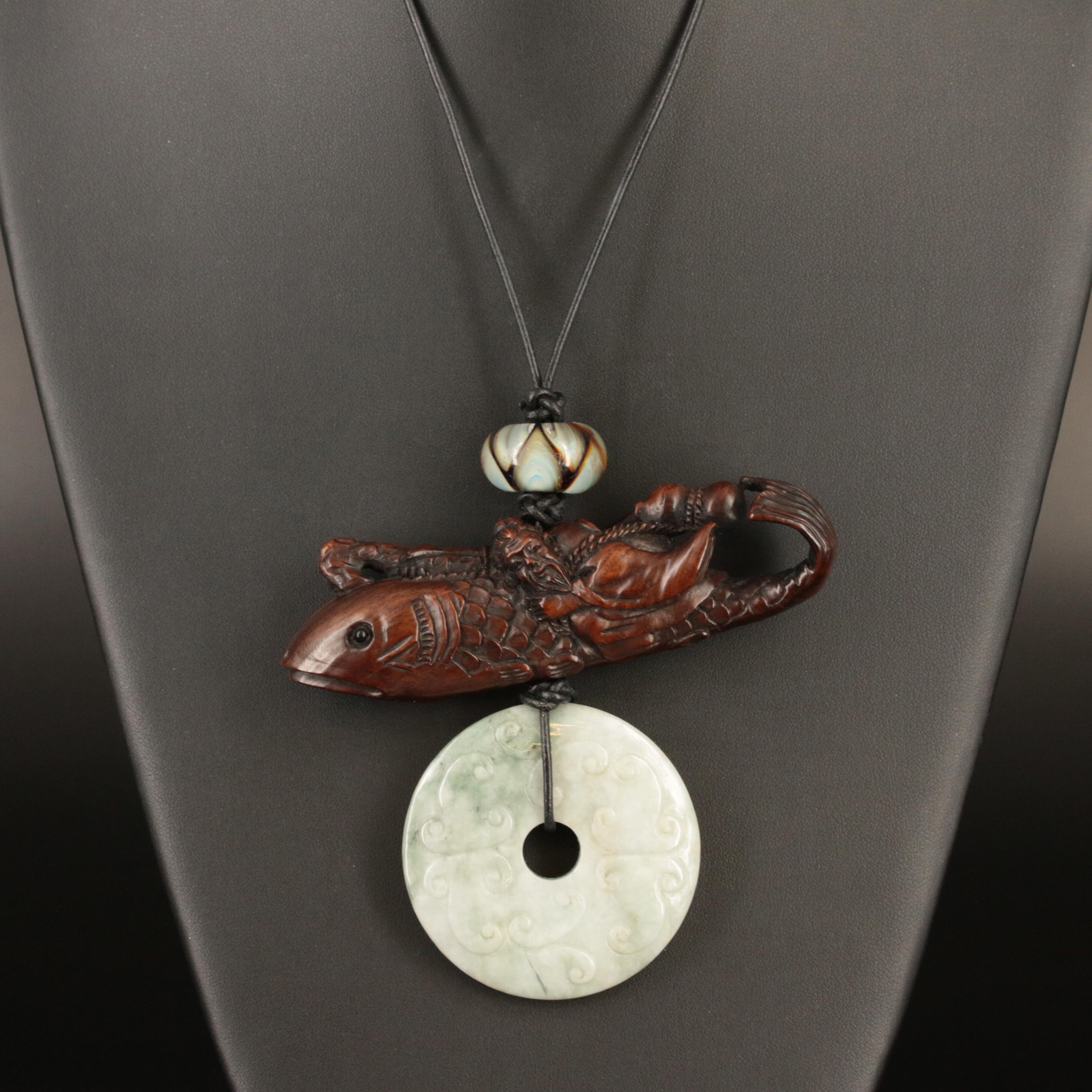 Chinese Carved Man and Fish, Jadeite Bi Disc and Lampwork Glass Bead Necklace
