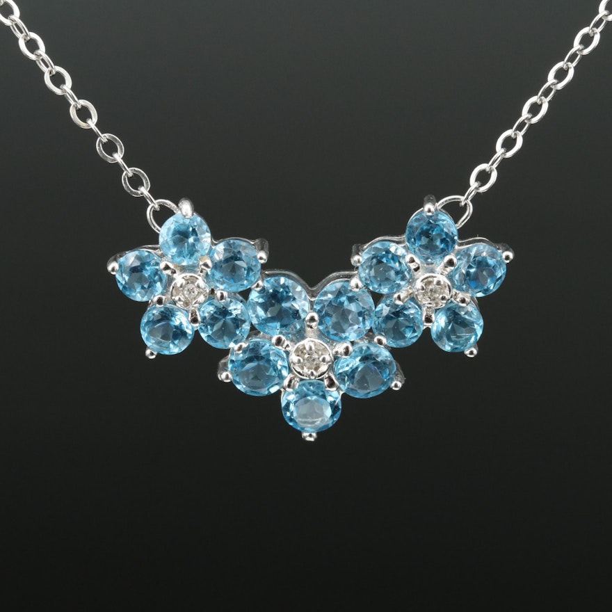 10K Topaz and Diamond Triple Flower Necklace