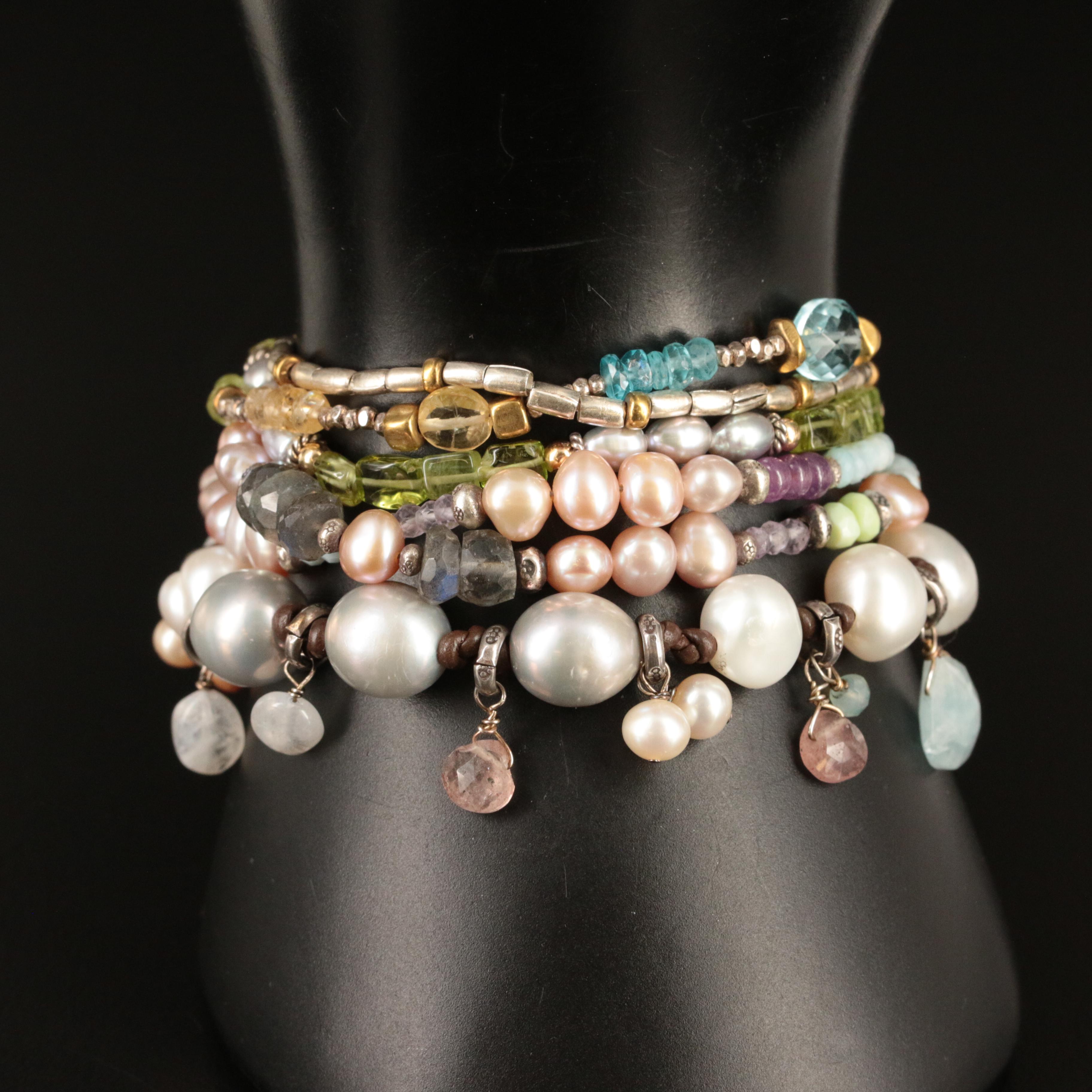 Sterling Multi-Strand and Fringe Bracelets Including Pearl and Moonstone