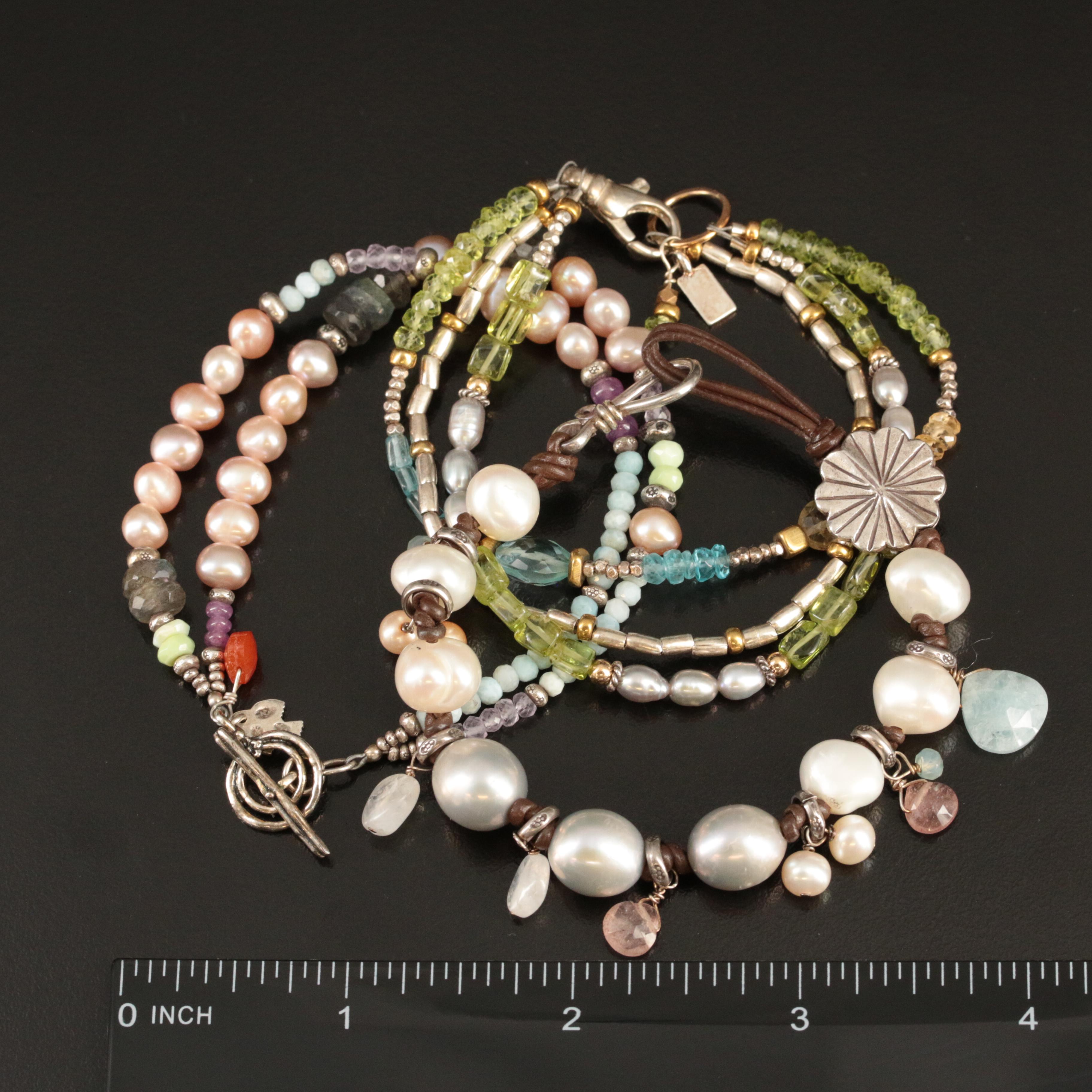 Sterling Multi-Strand and Fringe Bracelets Including Pearl and Moonstone