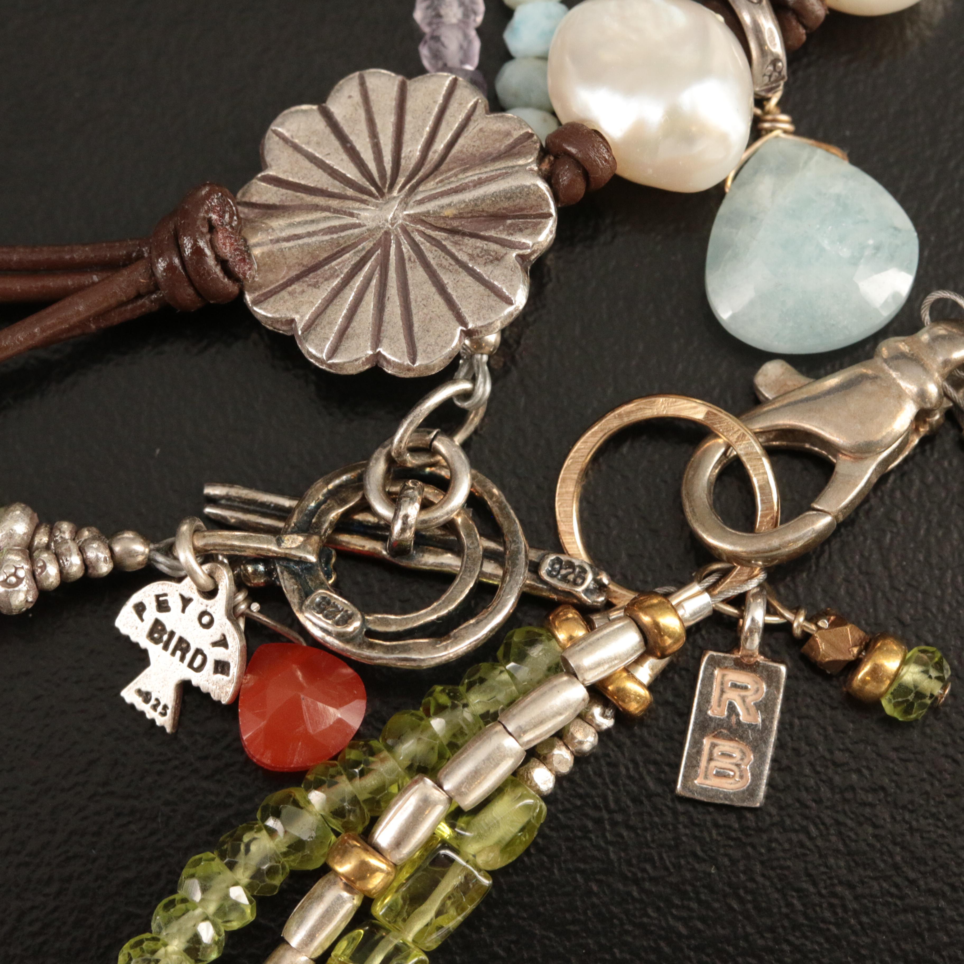 Sterling Multi-Strand and Fringe Bracelets Including Pearl and Moonstone