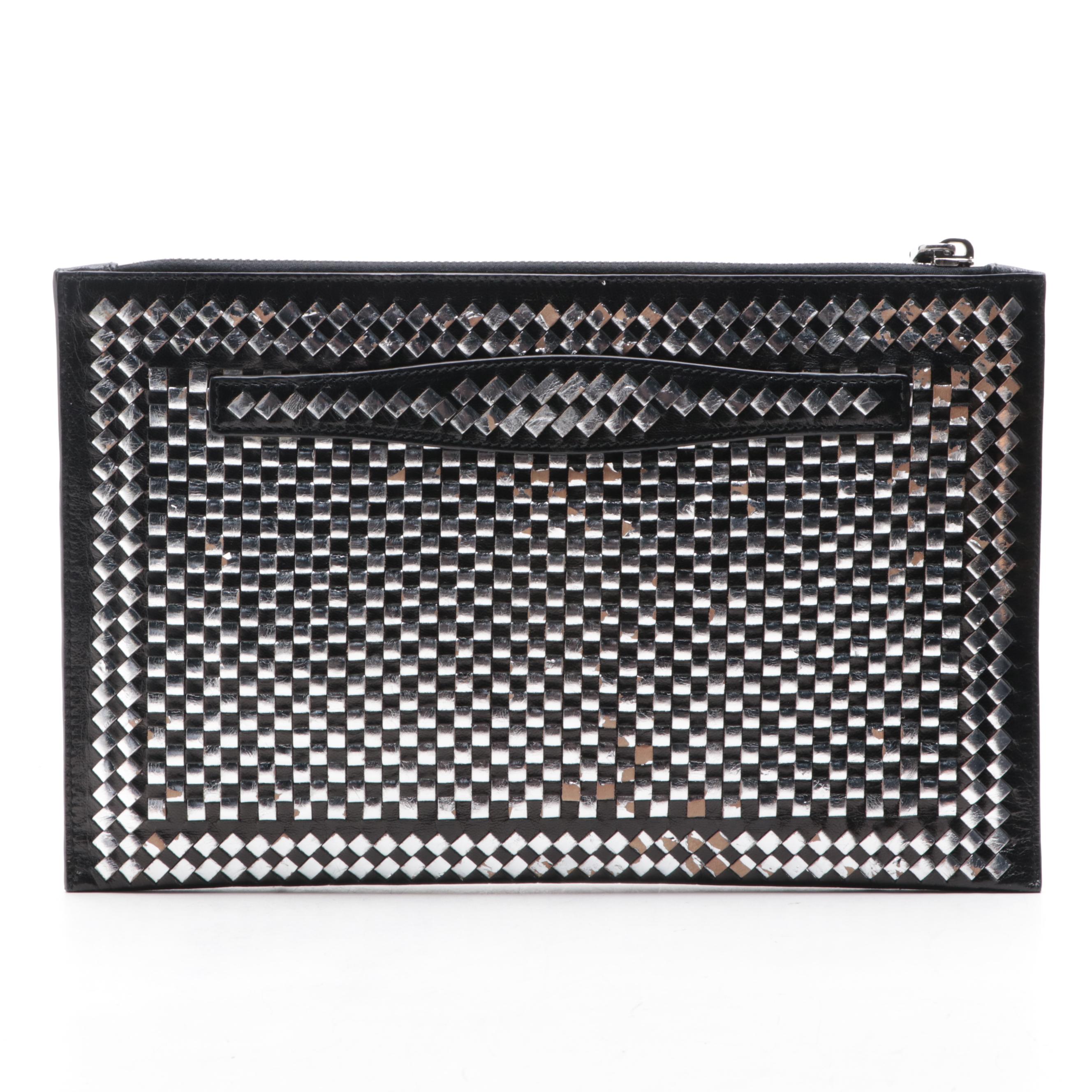 Prada Madras Clutch in Black and Silver Woven Leather with Box