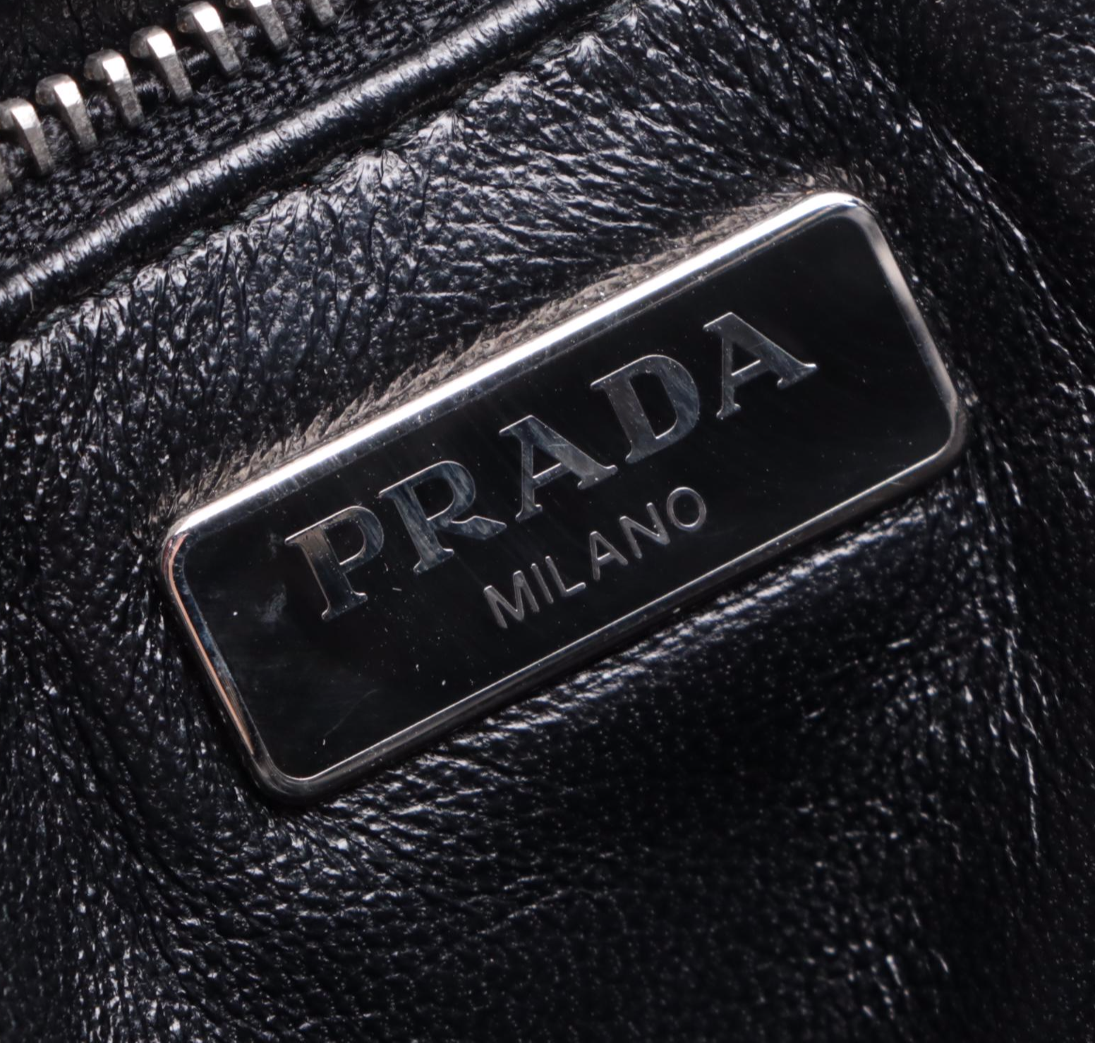 Prada Madras Clutch in Black and Silver Woven Leather with Box