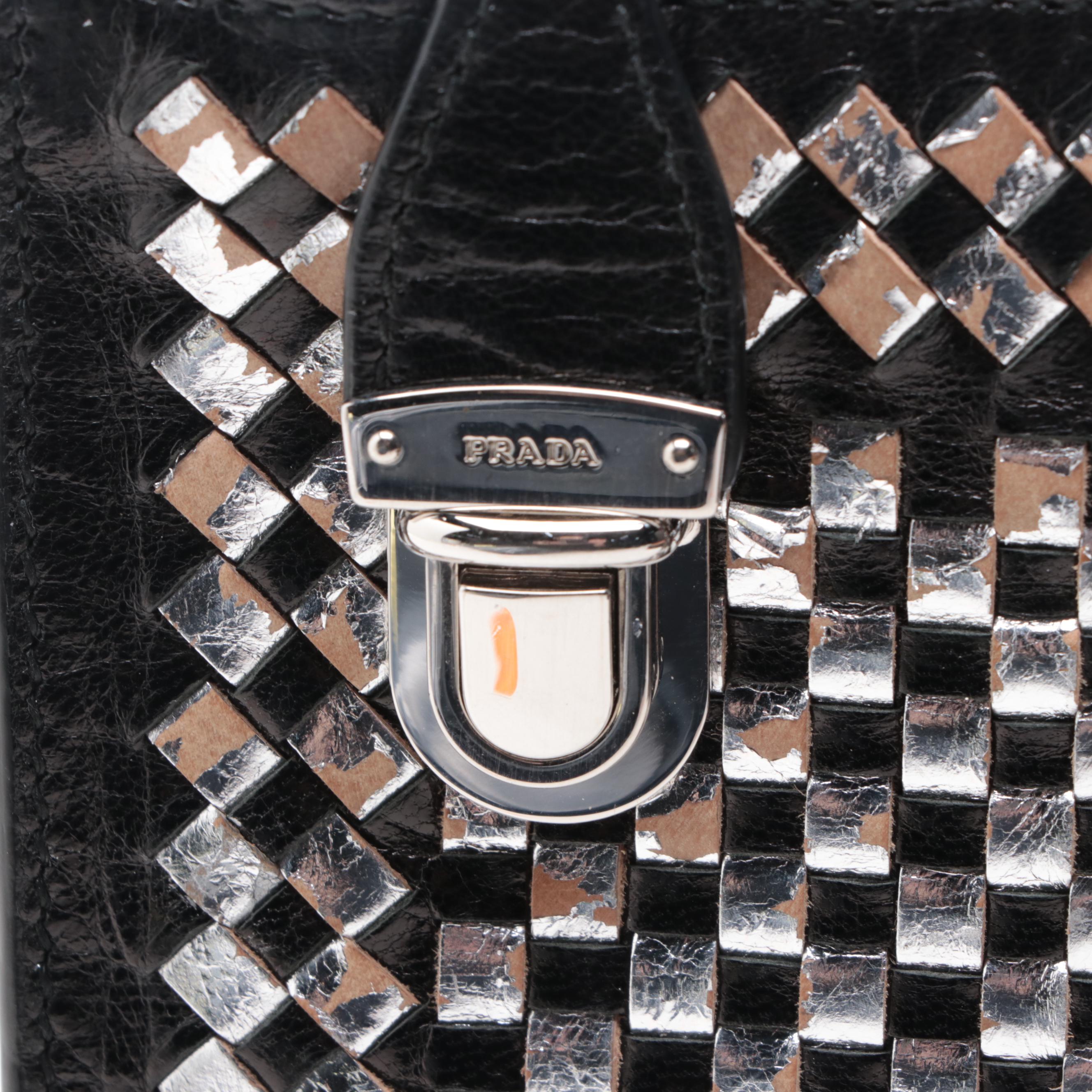 Prada Madras Clutch in Black and Silver Woven Leather with Box