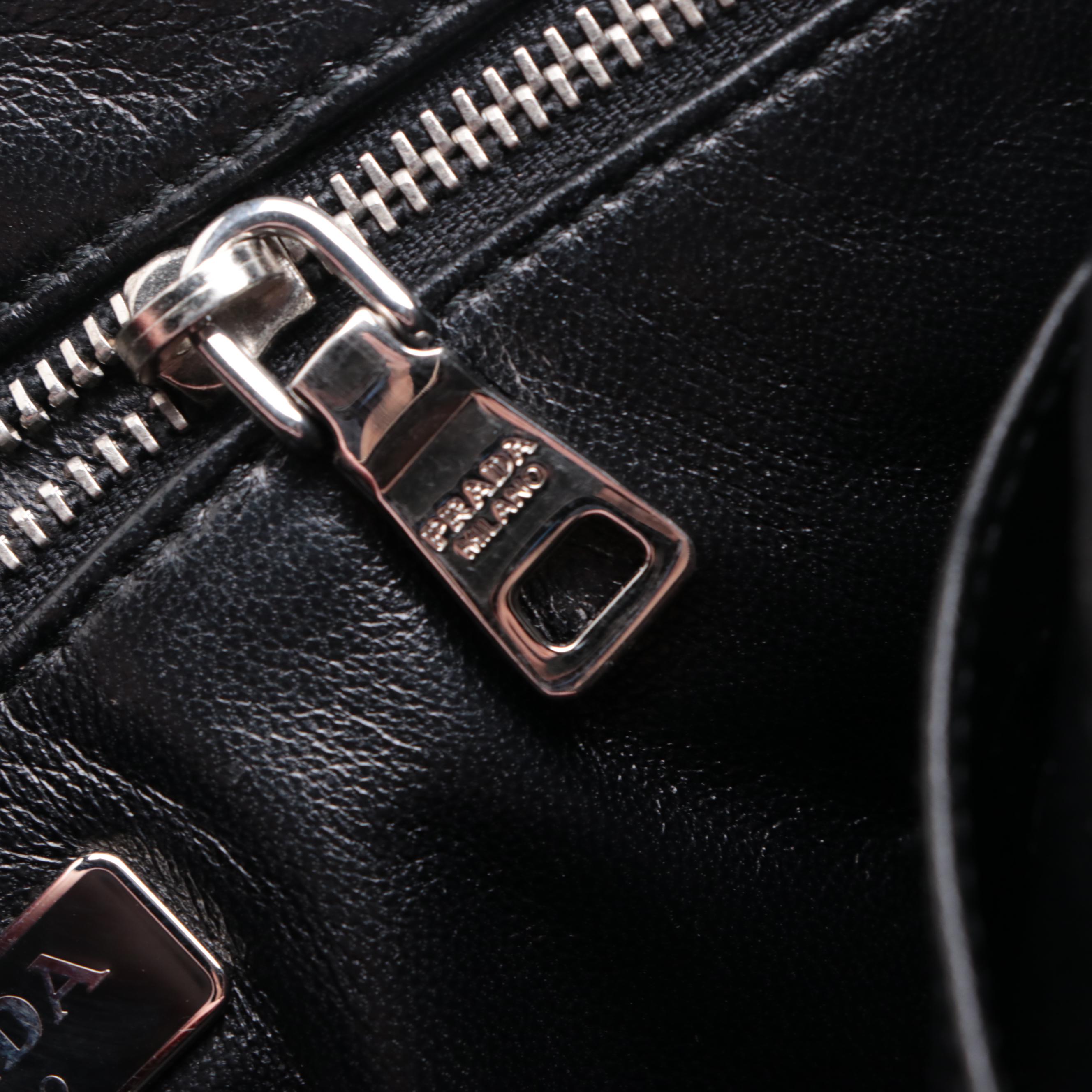 Prada Madras Clutch in Black and Silver Woven Leather with Box