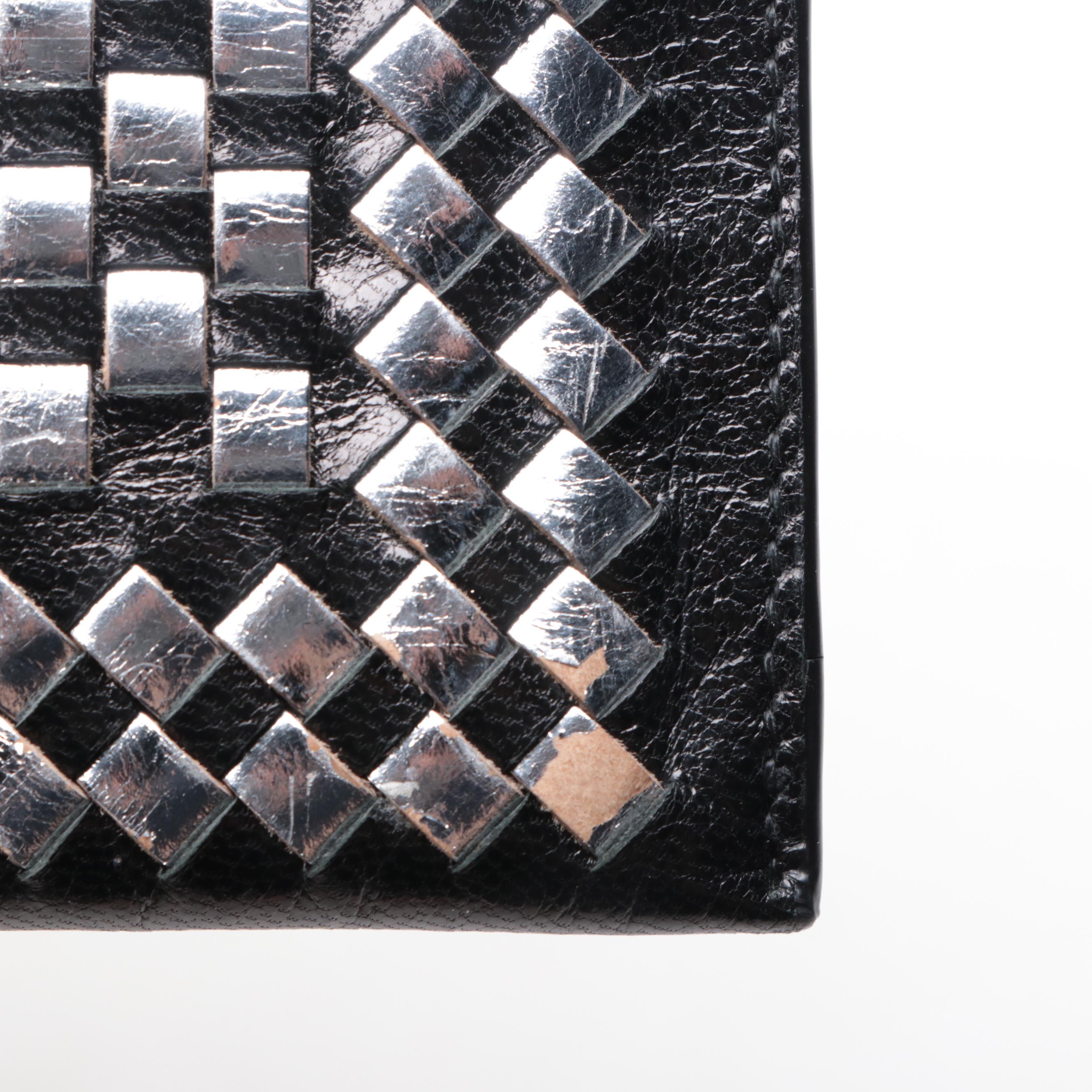 Prada Madras Clutch in Black and Silver Woven Leather with Box