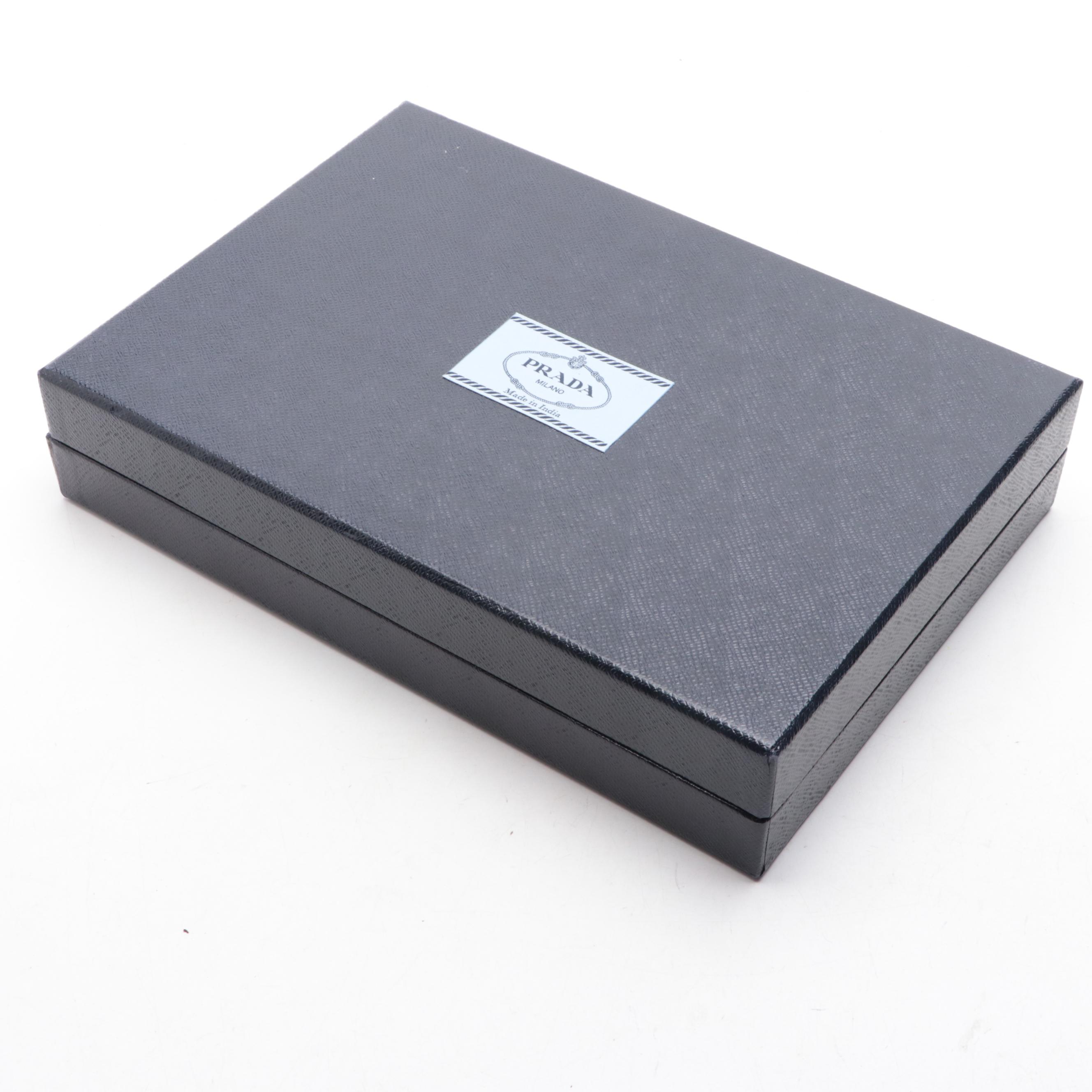 Prada Madras Clutch in Black and Silver Woven Leather with Box