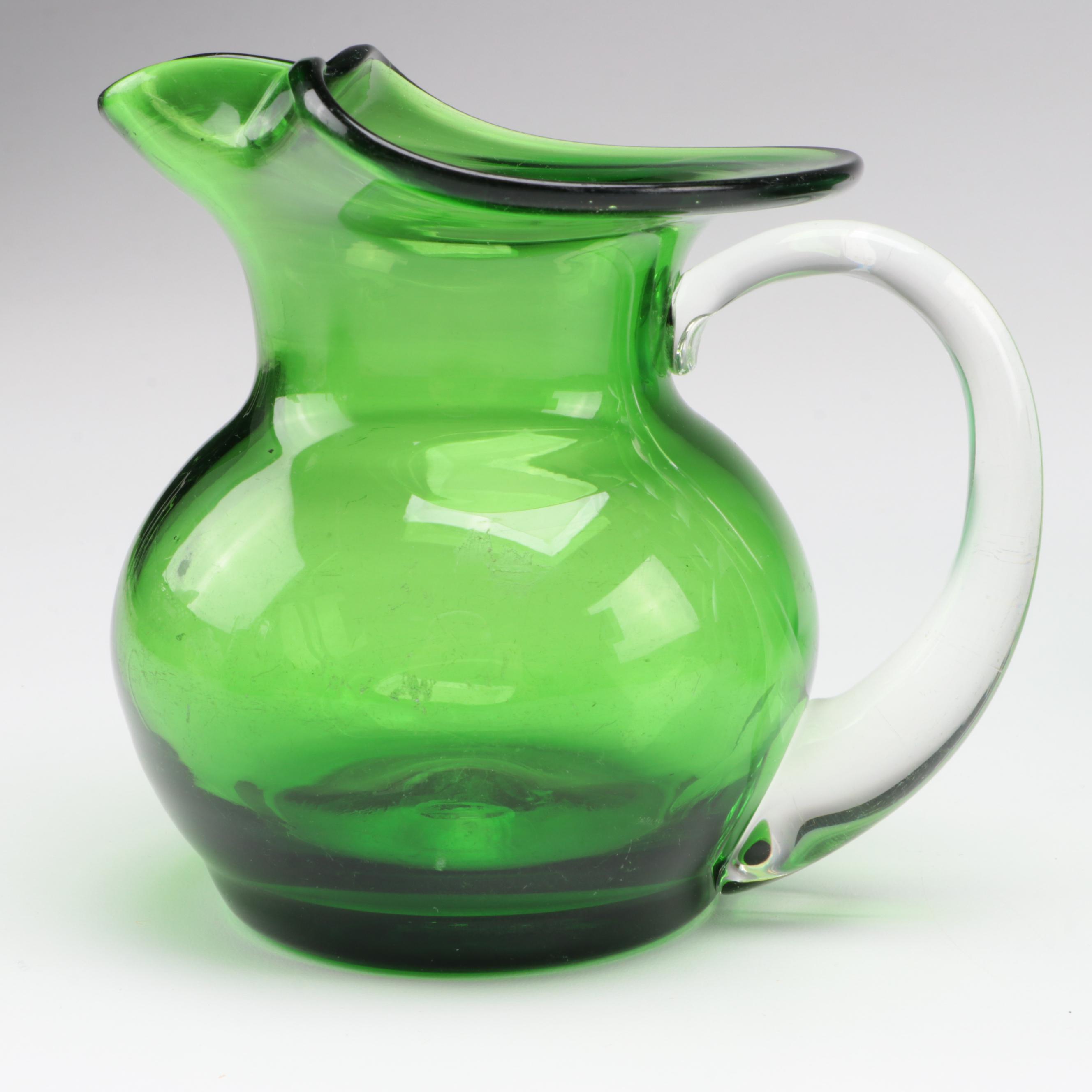 Mid Century Modern Green Blown Glass Vase with Pitchers