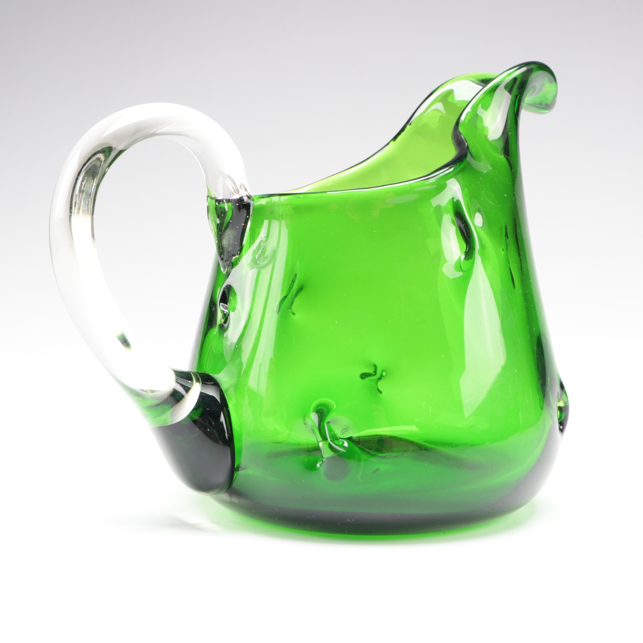 Mid Century Modern Green Blown Glass Vase with Pitchers