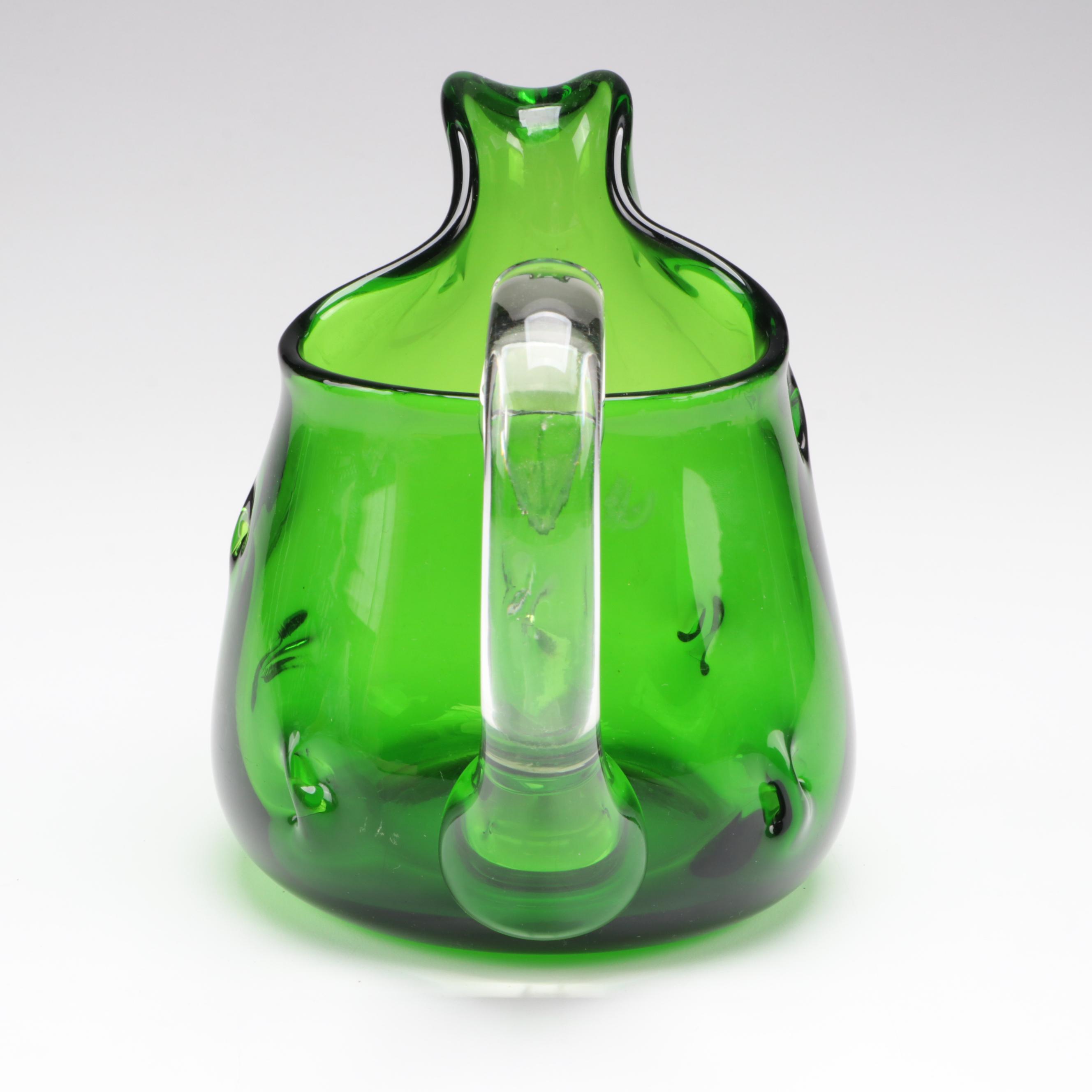 Mid Century Modern Green Blown Glass Vase with Pitchers