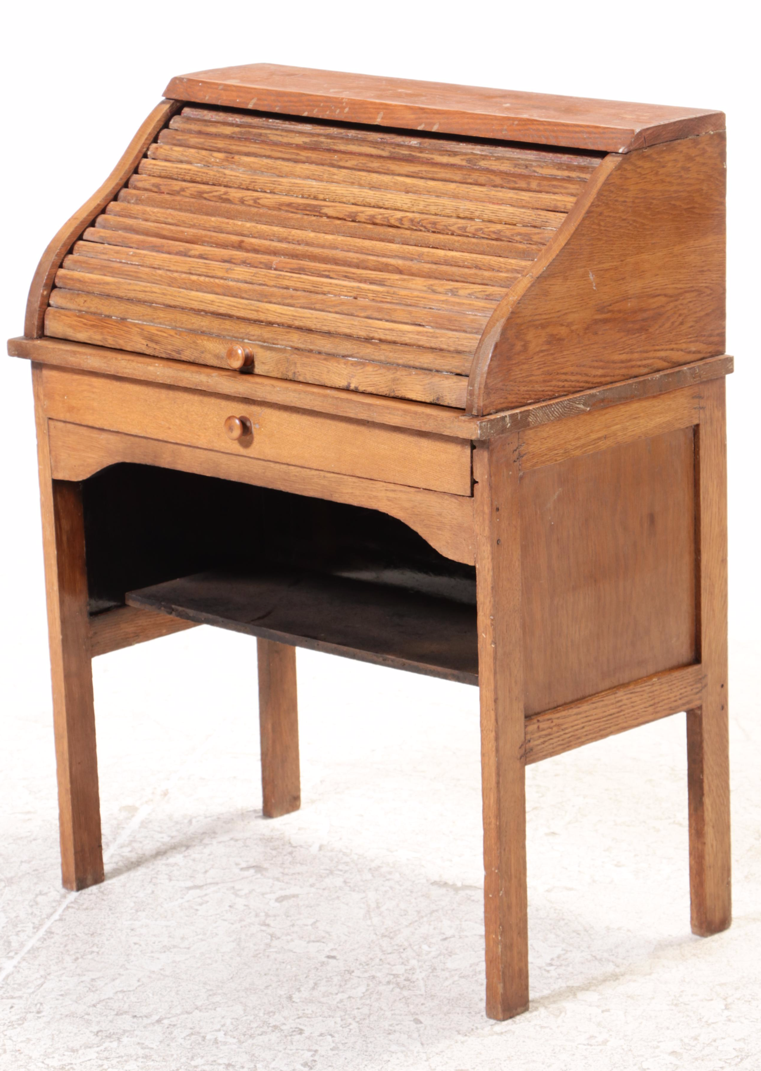 Child's Oak Roll-Top Desk and Chair, Mid-20th Century