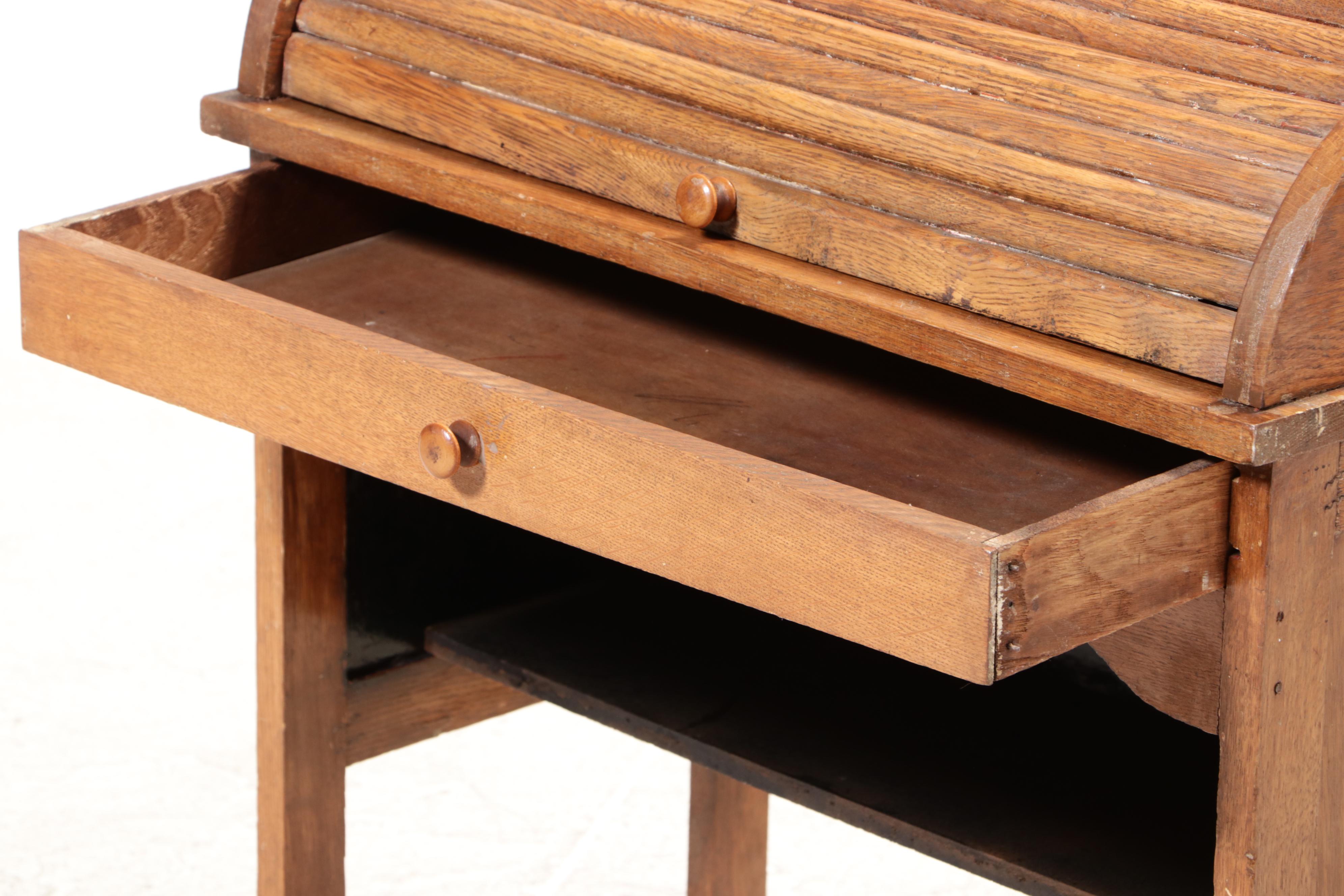 Child's Oak Roll-Top Desk and Chair, Mid-20th Century