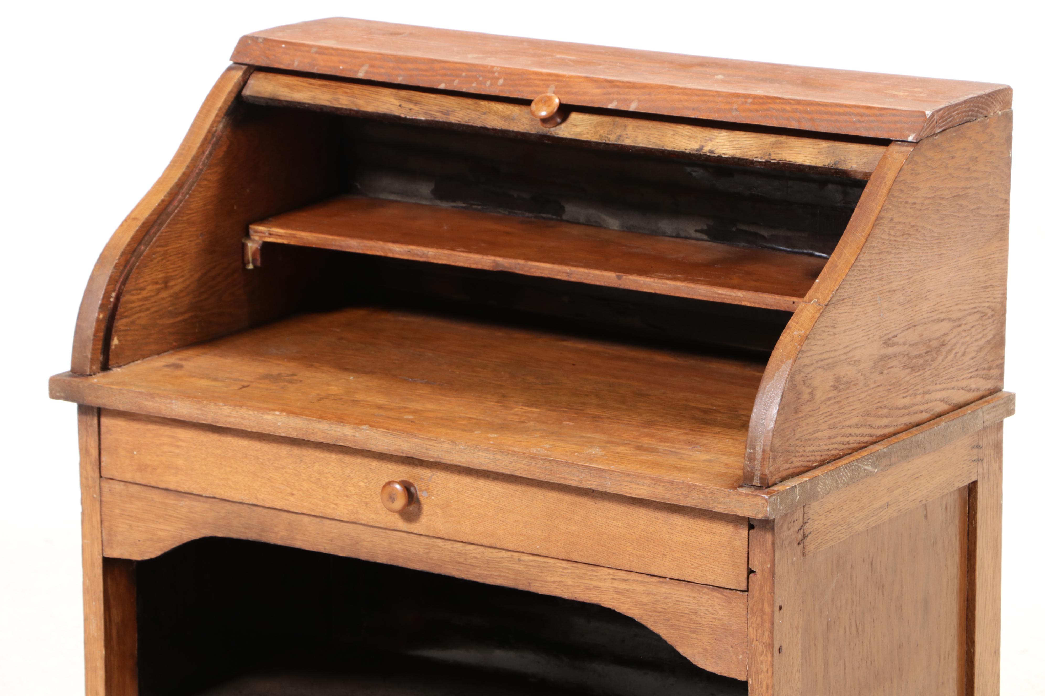 Child's Oak Roll-Top Desk and Chair, Mid-20th Century
