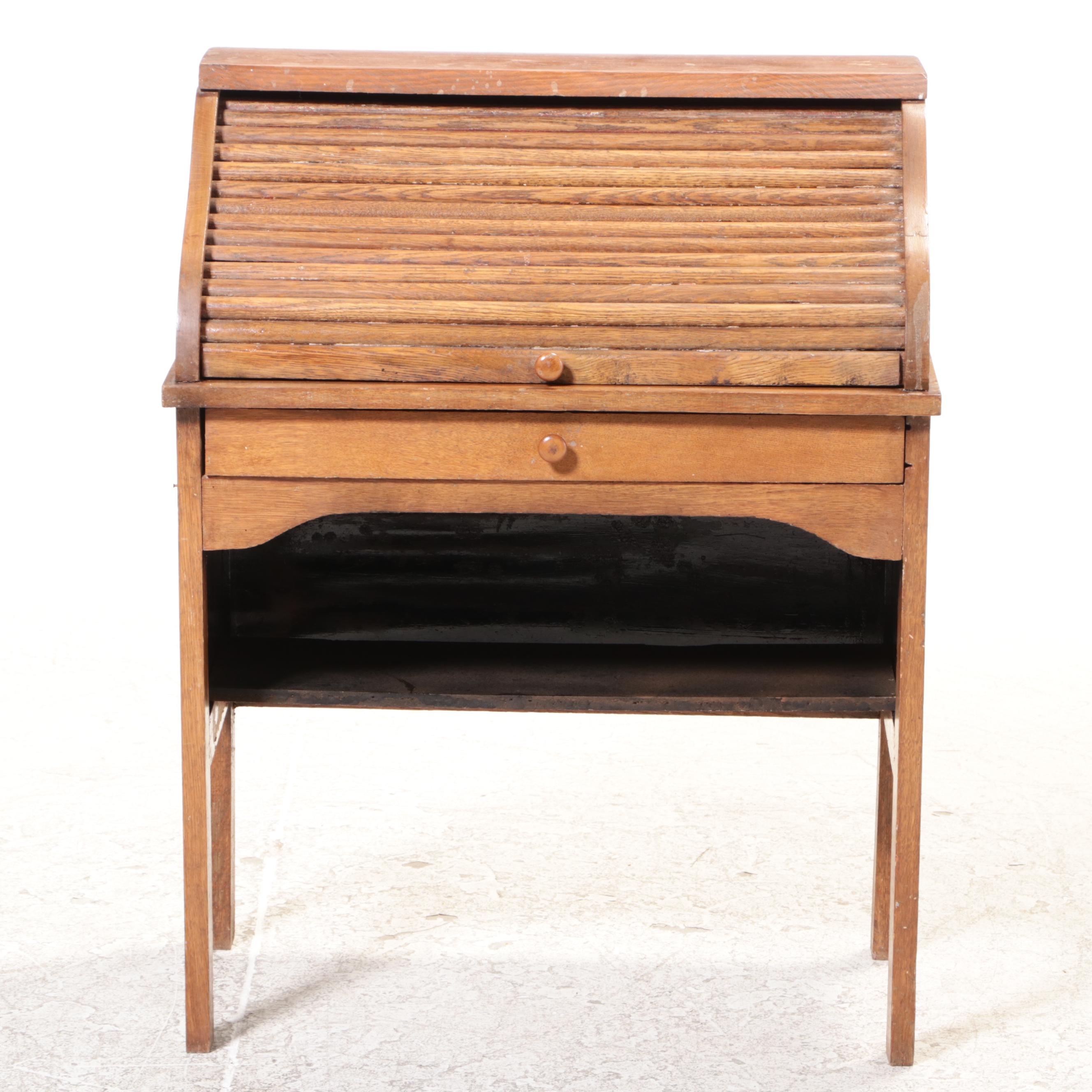 Child's Oak Roll-Top Desk and Chair, Mid-20th Century