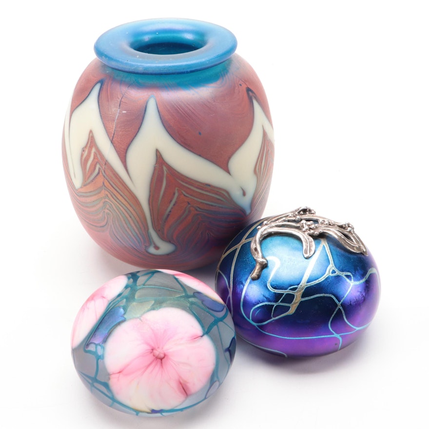 Blown Art Glass Paperweights with Pulled Feather Vase, Late 20th Century