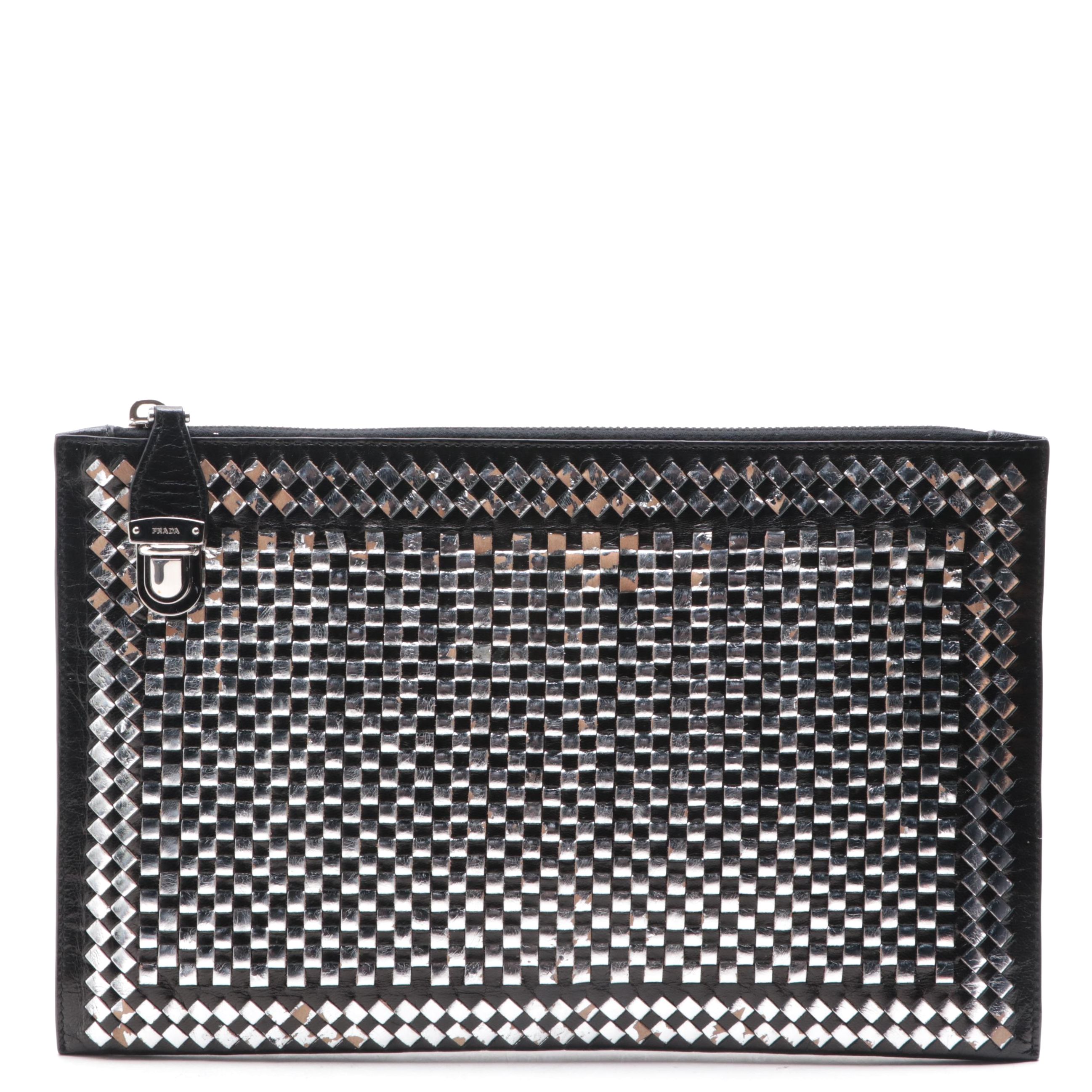 Prada Madras Clutch in Black and Silver Woven Leather with Box