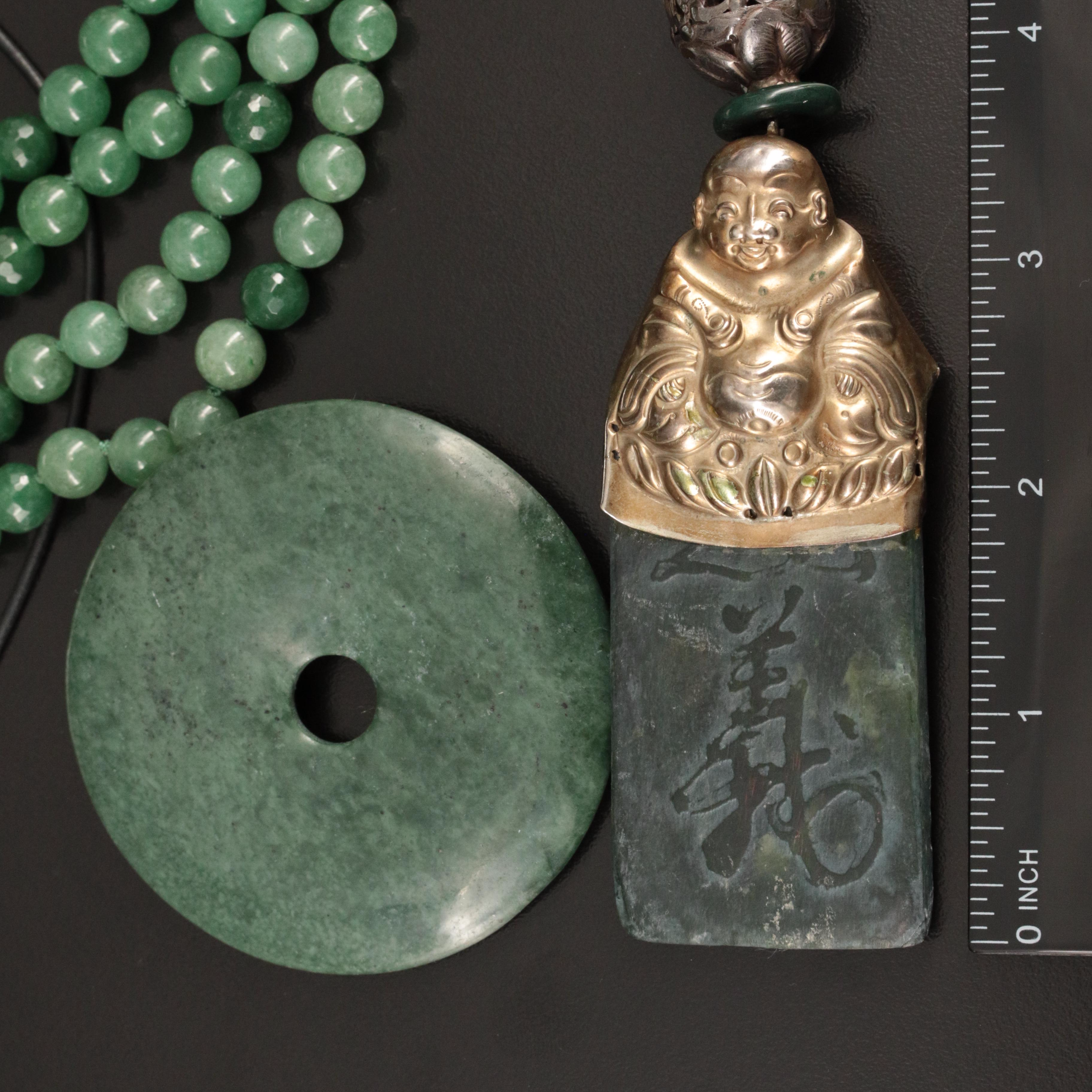 Buddha Finger Puppet on a Serpentine Tablet and Aventurine Bi Disc Necklaces