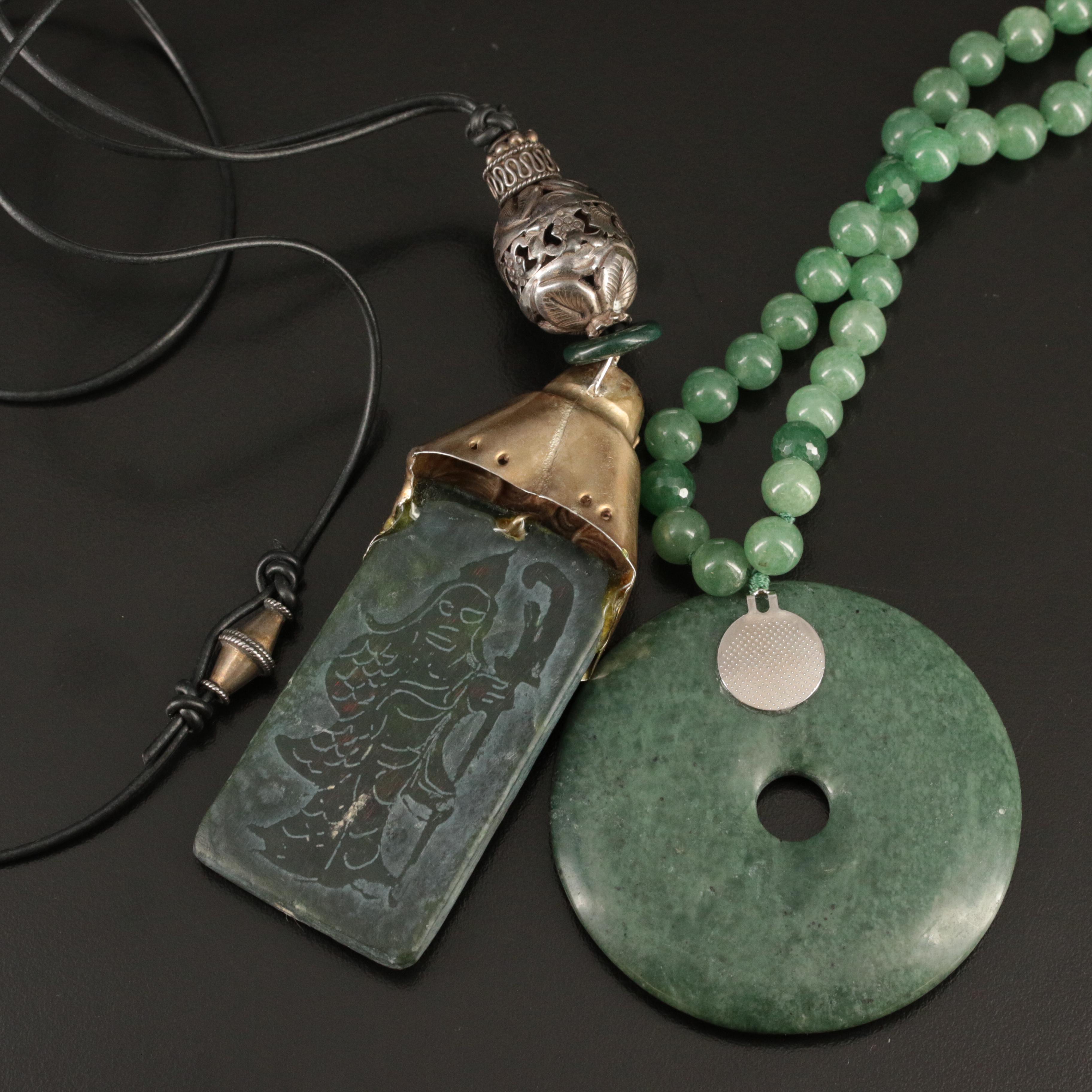 Buddha Finger Puppet on a Serpentine Tablet and Aventurine Bi Disc Necklaces