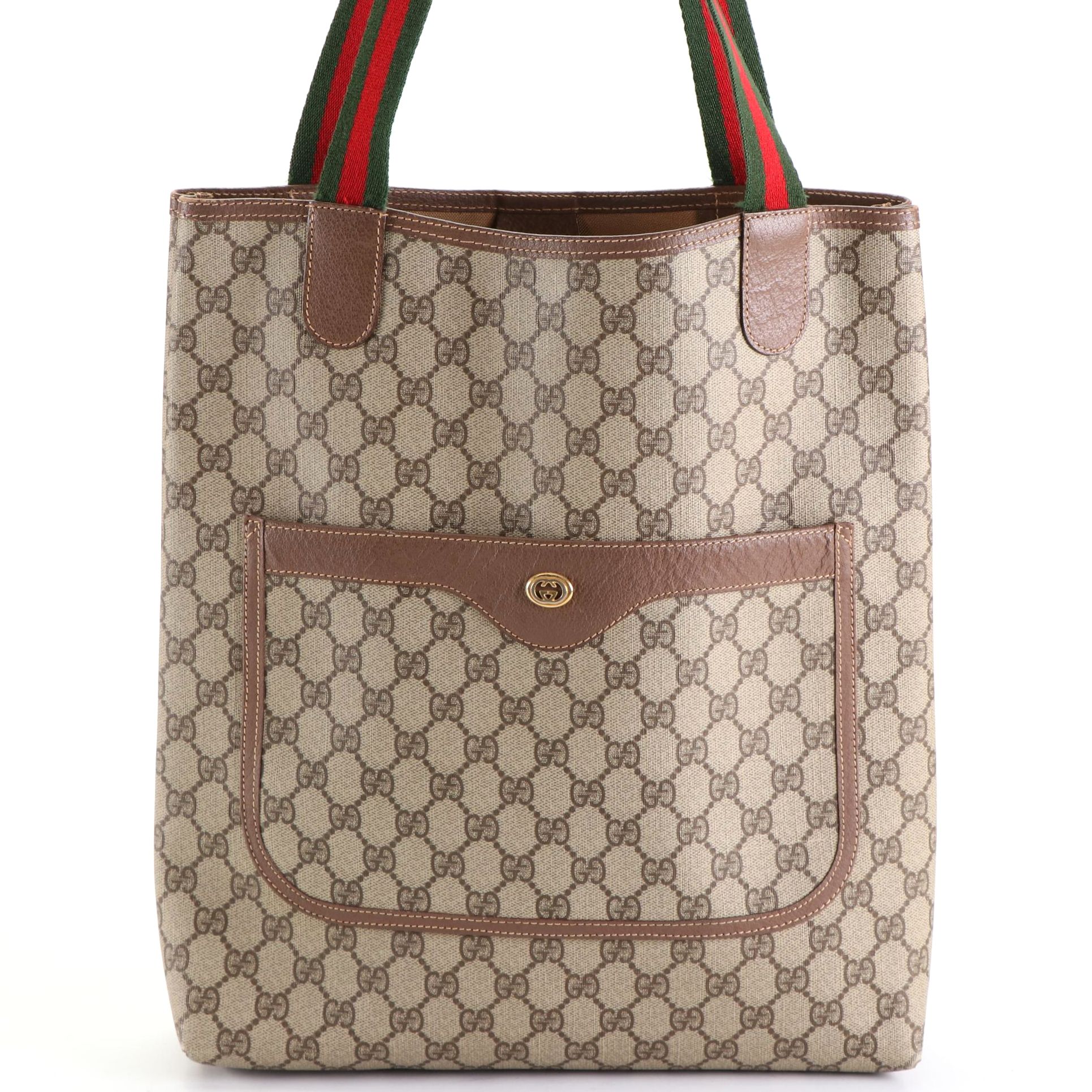 Gucci Accessory Collection GG Supreme and Leather Tote with Web Strap